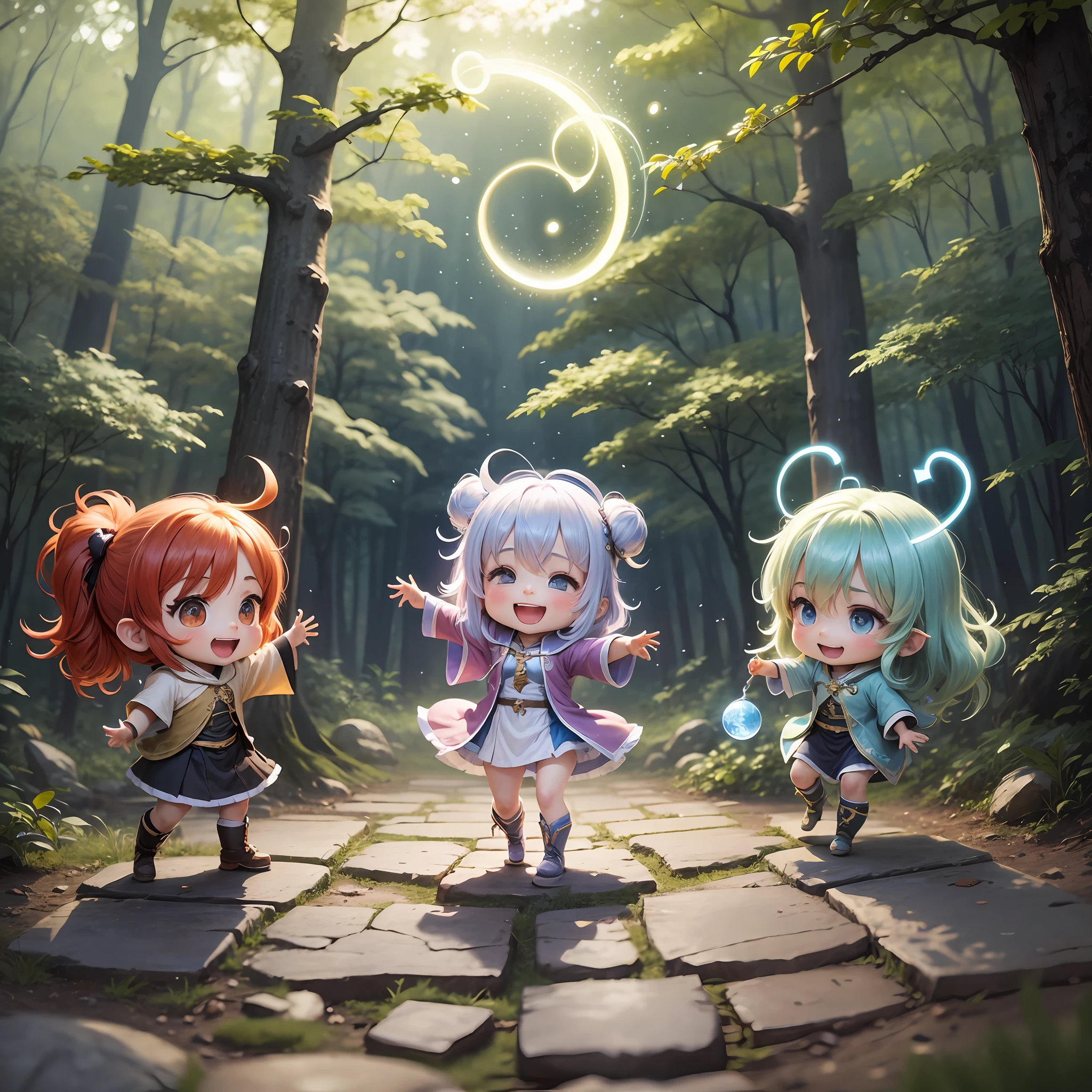 Chibi, Wizard, Magic Training, Light, Unreasonable, Halo, Laughing, Playing, Bouncing, Friends, Forest