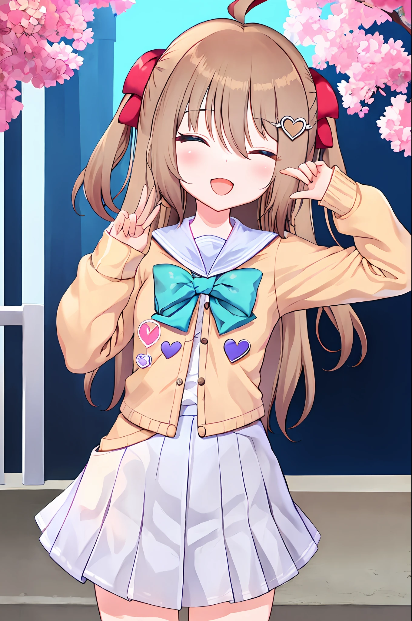 (masterpiece), (ultra-detailed), best quality, 8k, 1girl, neuro-sama, solo, looking at viewer, standing, looking at viewer, portrait, brown cardigan, bowtie, sailor collar, ahoge, cherry blossoms, closed eyes, sky, outdoors, smile, heart hair ornament, two side up, (heart hands:1.2), blue skirt, white shirt, serafuku, open mouth, (spoken heart:1.4)