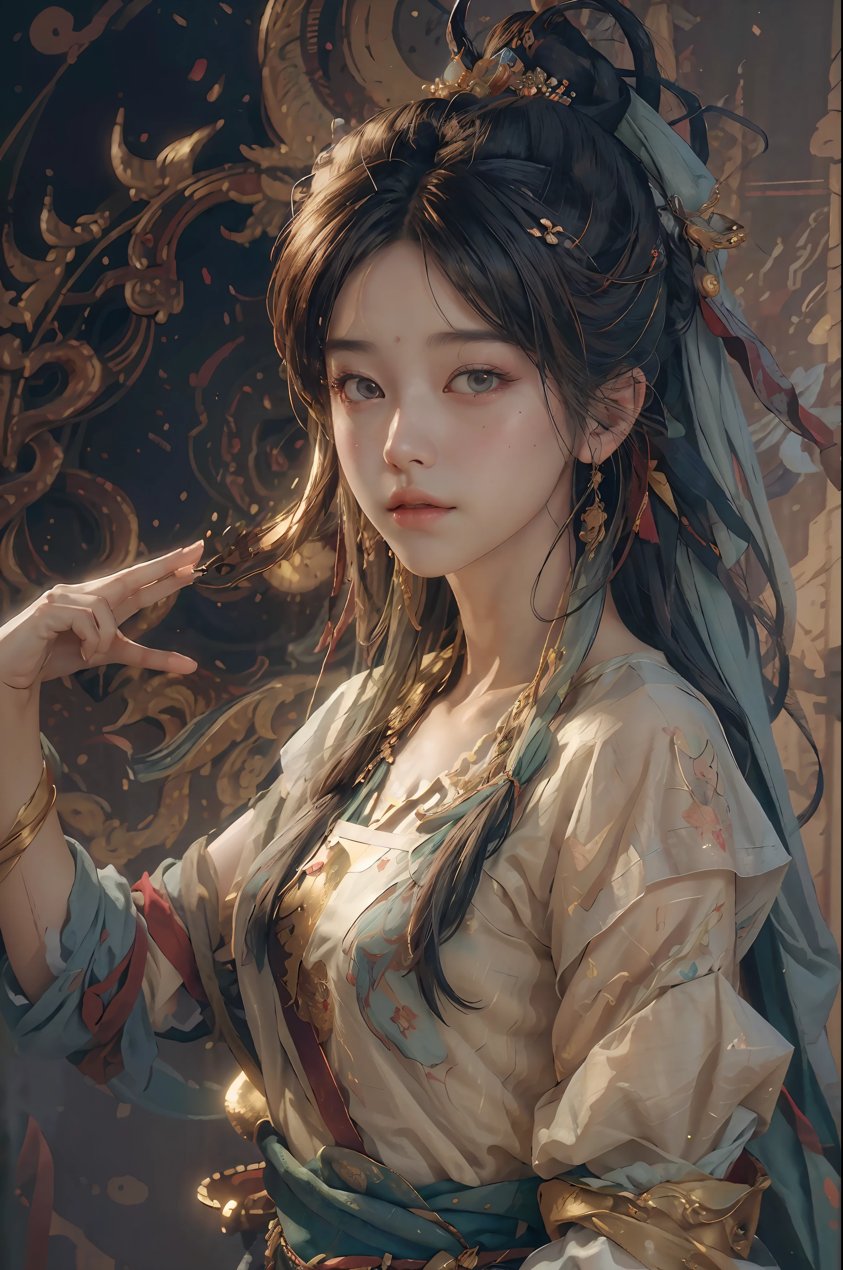 (RAW photo, best quality), (realistic, photo-realistic:1.3),best quality,highly detailed,masterpiece,ultra-detailed,illustration,1girl,upper_body,dynamic angle,world masterpiece theater,messy_long_hair,best quality,extremely detailed CG unity 8k wallpaper,ink,Amazing,cinematic lighting,lens_flare, dunhuang_style