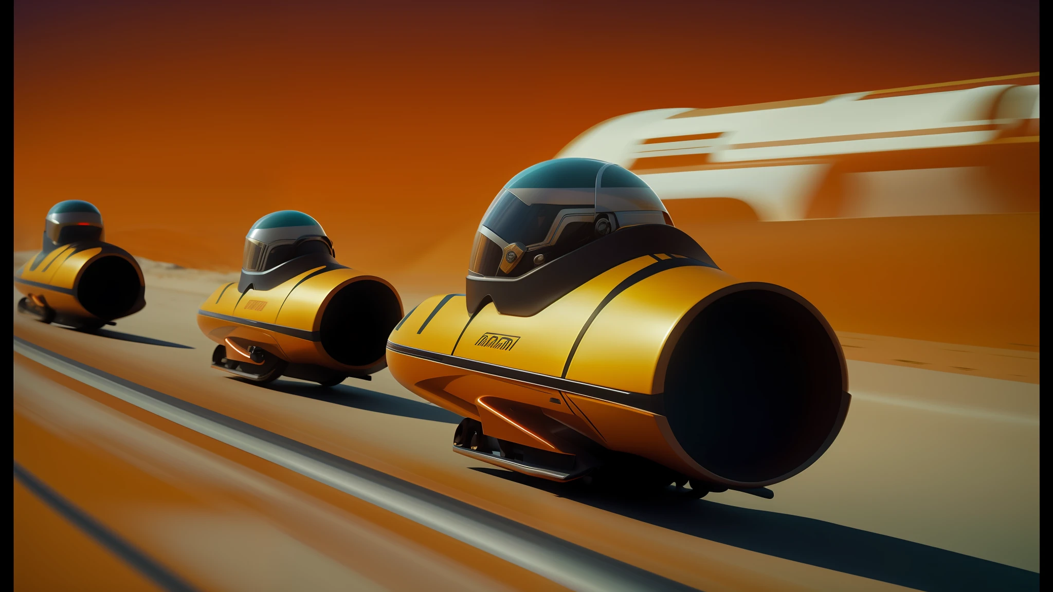 three people in helmets are riding on a track in a race, film still from movie dune-2021, renderman render, concept boat, by Alexander Robertson, speedy aircraft, floating vehicles, cinemascope panorama, speed racer, by Wojciech Siudmak, by Thomas Häfner, transportation design render