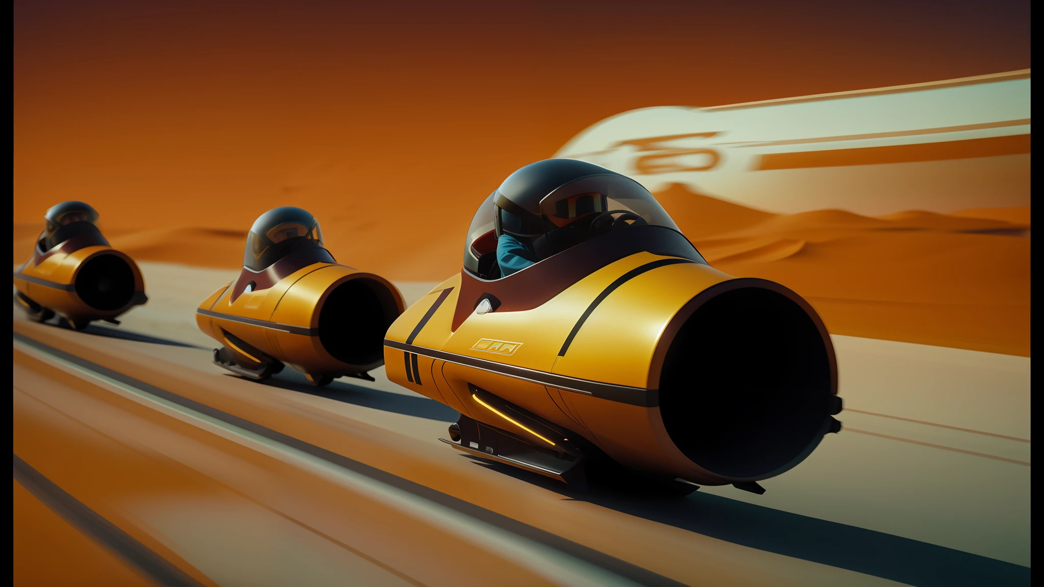 three people in helmets are riding on a track in a race, film still from movie dune-2021, renderman render, concept boat, by Alexander Robertson, speedy aircraft, floating vehicles, cinemascope panorama, speed racer, by Wojciech Siudmak, by Thomas Häfner, transportation design render