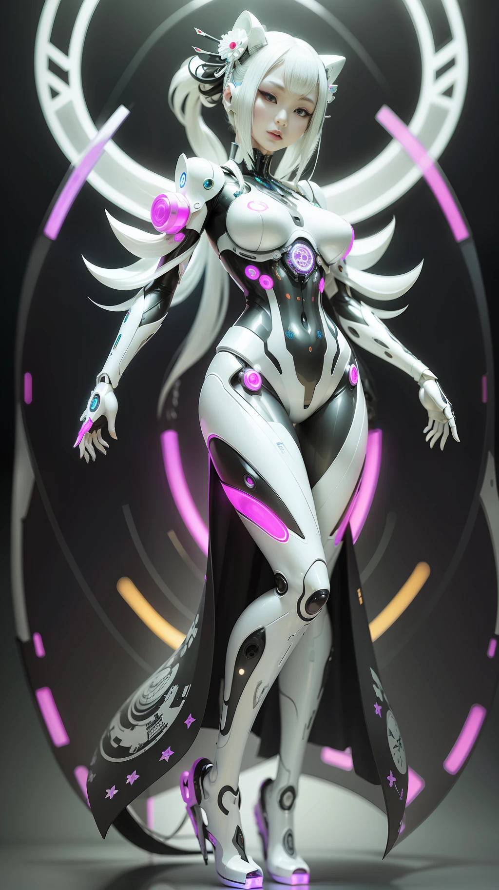 A full body photograph of Japanese female android made of transparent glass, white and silver plastic, geisha makeup and hairstyle, silver metal internal mechanisms, dynamic pose, flowing organic construction, detailed designs, glowing colorful circuitry, colorful neon trim, art by H.R. Giger, Greg Rutowski
