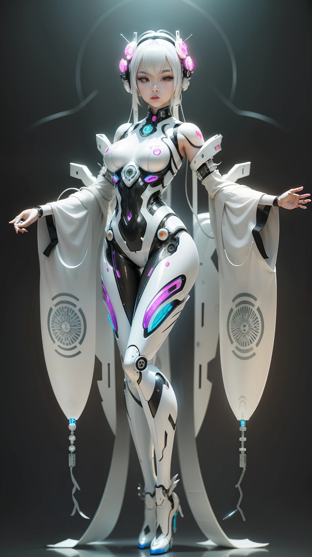 A full body photograph of Japanese female android made of transparent glass, white and silver plastic, geisha makeup and hairstyle, silver metal internal mechanisms, dynamic pose, flowing organic construction, detailed designs, glowing colorful circuitry, colorful neon trim, art by H.R. Giger, Greg Rutowski