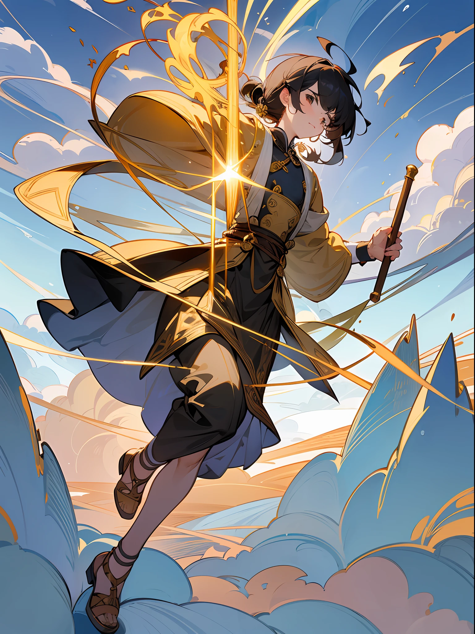 This is a weapon, chinoiserie, shape: the overall shape of the golden hoop rod is a cylindrical long stick with a spherical bulge at both ends, and the whole stick is made of four intertwined metal bands with two gaps in the middle.
Size: The size of the golden hoop rod can be changed freely, sometimes it can become small and can be hidden in a pocket, sometimes it can become large enough to support the entire sky.
Features: The Golden Hoop Rod is very hard and can usually easily defeat any enemy, and it is very heavy enough to crush mountains and lands. In addition, the golden hoop stick can be deformed at will and can be transformed into a variety of shapes, such as flagpoles, ropes, etc., which is very flexible. --auto --s2