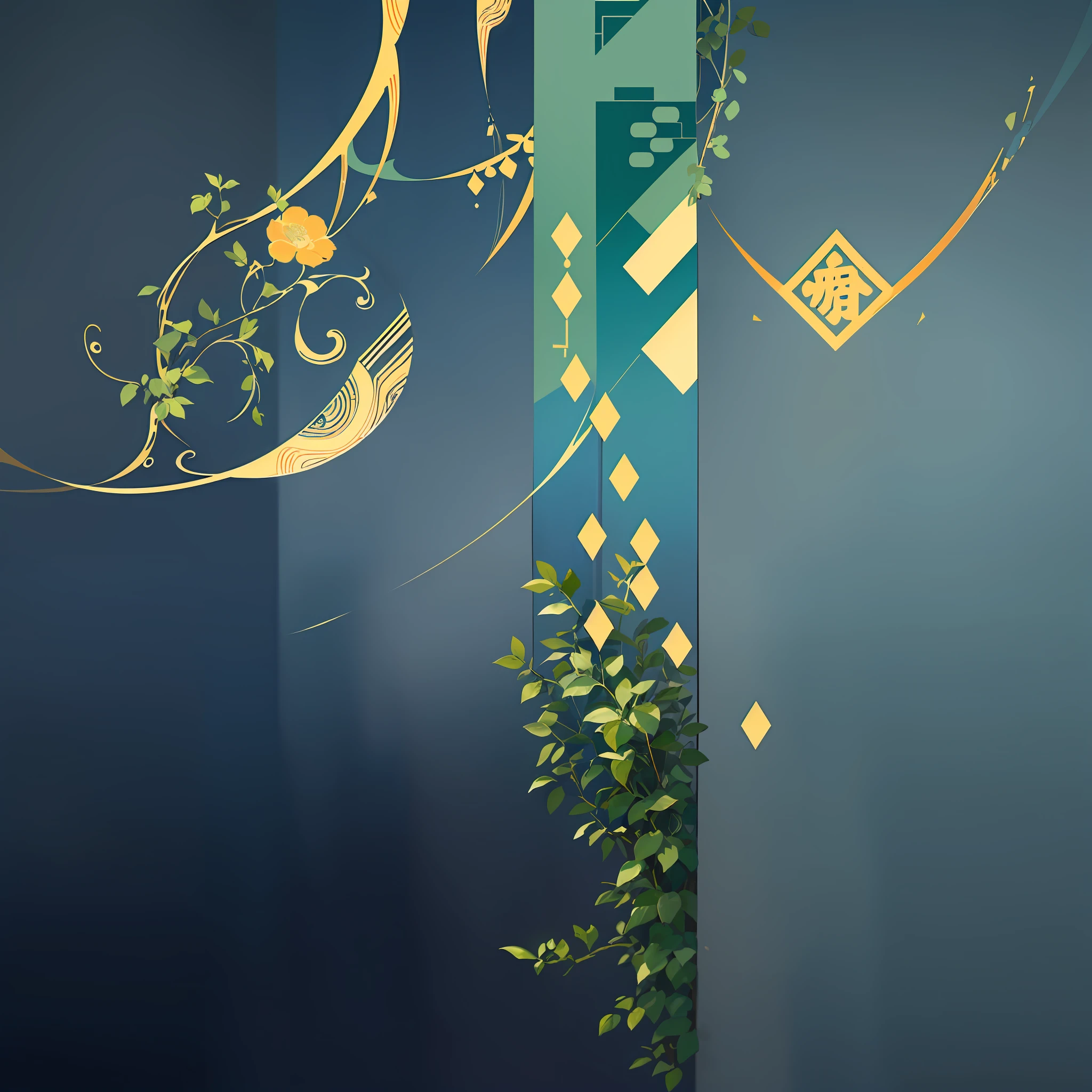 Create a computer desktop background image, have a gradient of four colors: white, green, blue, and gold, which requires advanced connotation and simple textures, such as pattern elements on ancient Chinese buildings --auto --s2