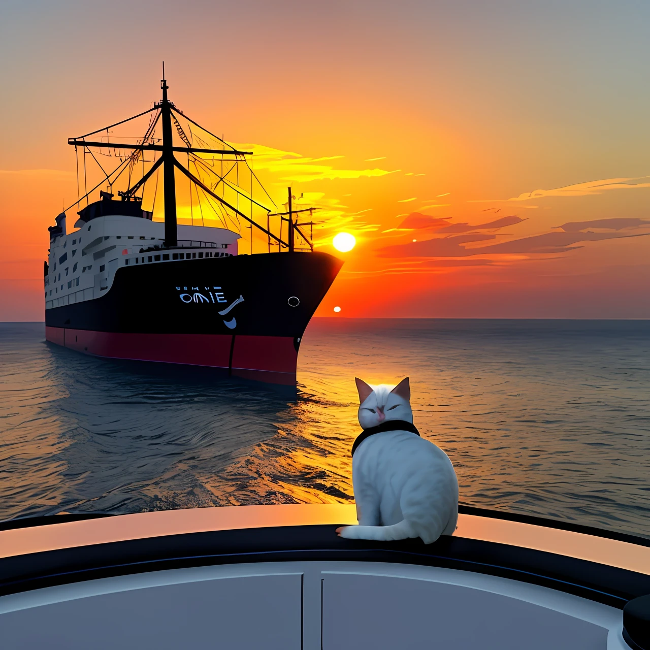 Ship cat watching the realistic sunset