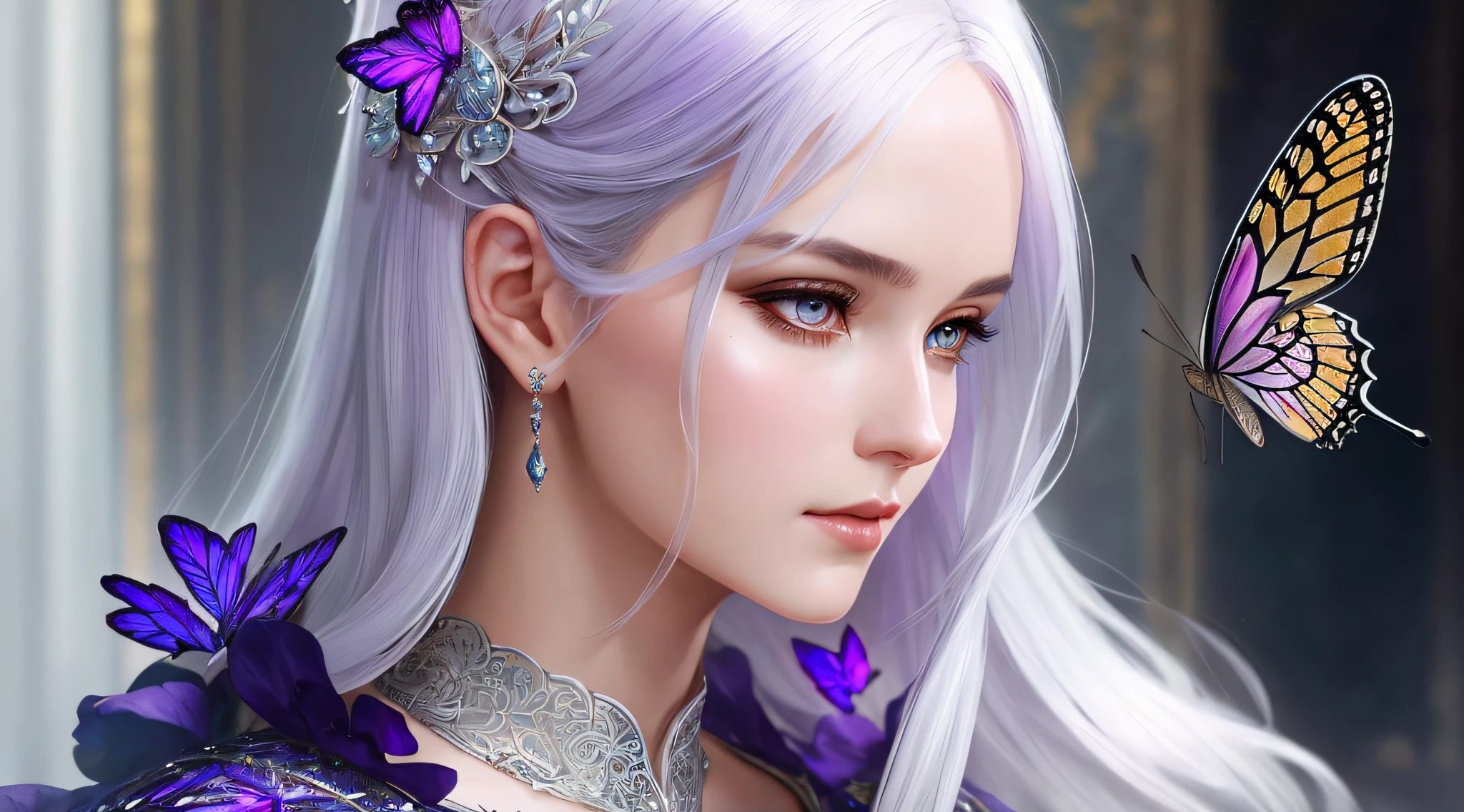 A beautiful queen with silver hair, intricate 8K, elegant, highly detailed, majestic, digital photography, art by Artgerm and Ruan Jia and Greg Rutkowski Surreal painting of purple butterfly Filigree, broken glass (masterpiece, side lighting, beautiful finely detailed eyes: 1.2), HDR