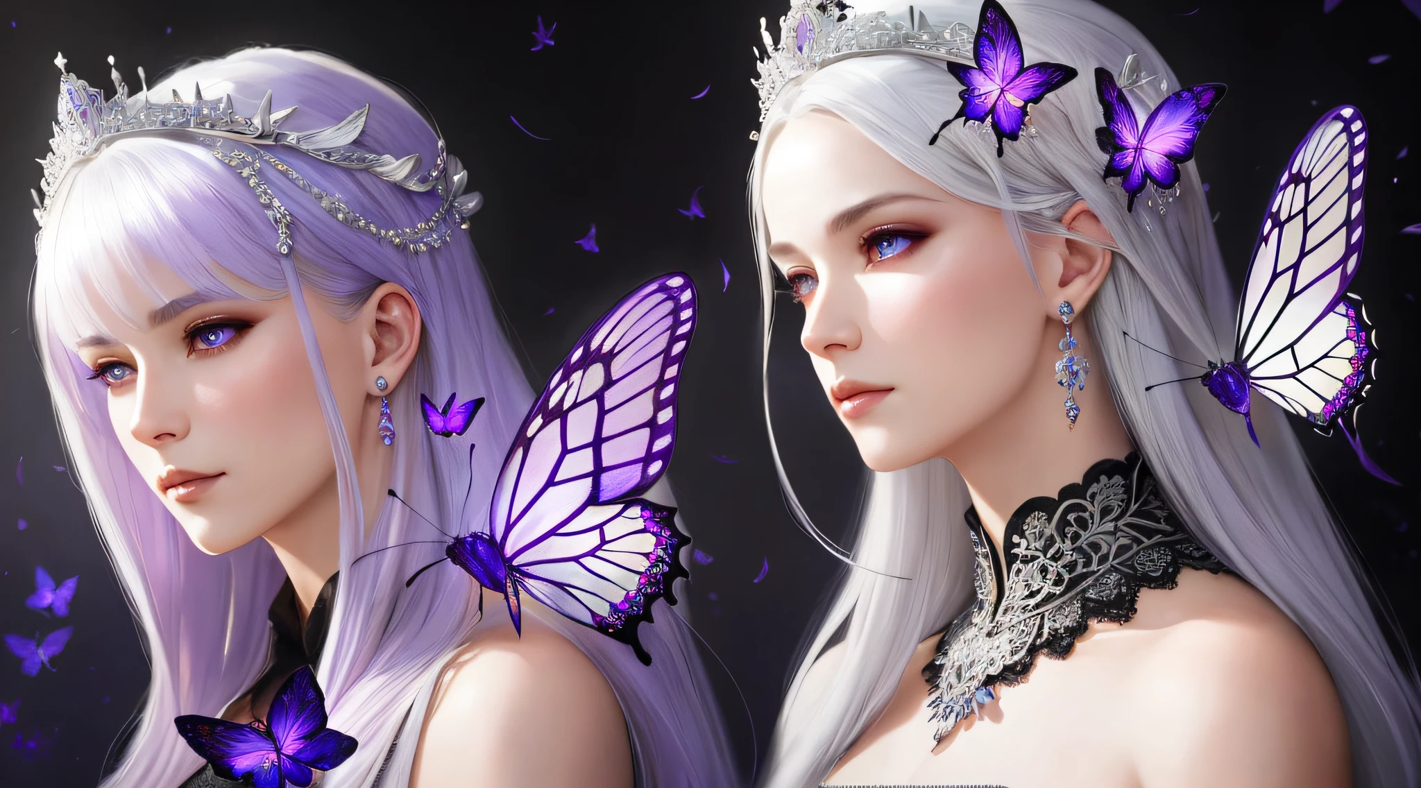 A beautiful queen with silver hair, intricate 8K, elegant, highly detailed, majestic, digital photography, art by Artgerm and Ruan Jia and Greg Rutkowski Surreal painting of purple butterfly Filigree, broken glass (masterpiece, side lighting, beautiful finely detailed eyes: 1.2), HDR