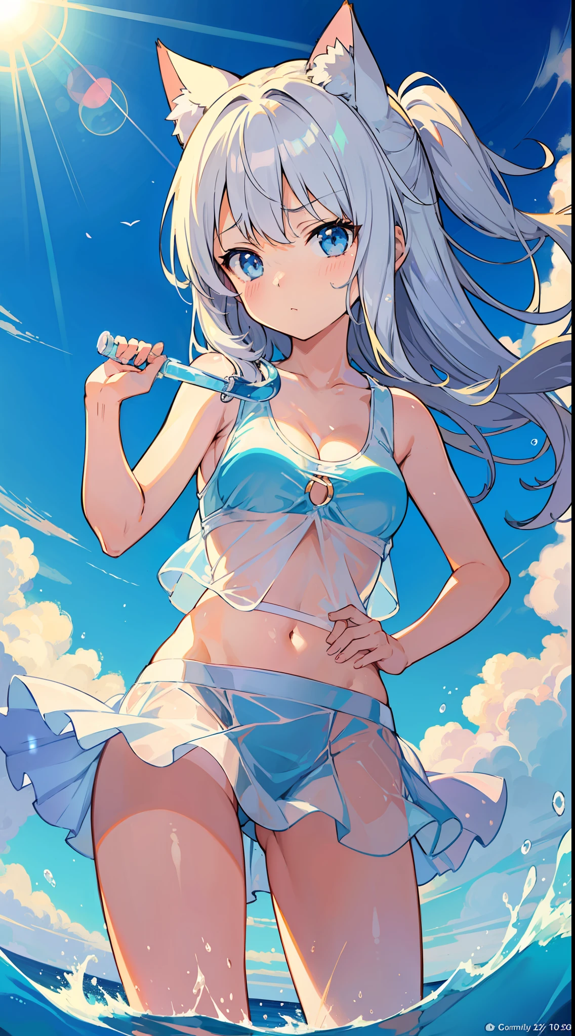 (Masterpiece), (Top Quality Anime Illustrations), (Super Definition), One Girl, Solo, Silver-haired Beautiful Girl, Anime , Cat Ear Lolight Blue See-Through Tank Top in Light Color, Underboob, White See-Through Mini Skirt, Shy Face, Cleavage Emphasis, Thighs, Tarot Card Wind, Water
