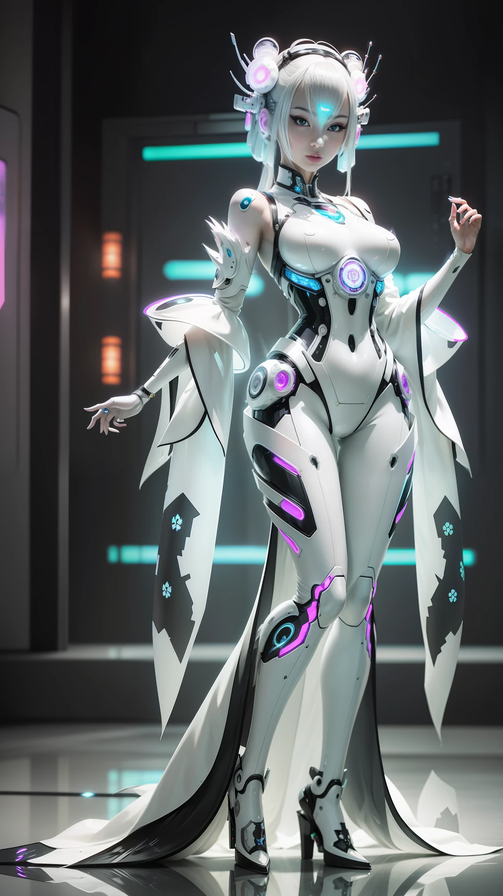 A full body photograph of Japanese female android made of transparent glass, white and silver plastic, geisha makeup and hairstyle, silver metal internal mechanisms, dynamic pose, flowing organic construction, detailed designs, glowing colorful circuitry, colorful neon trim, art by H.R. Giger, Greg Rutowski