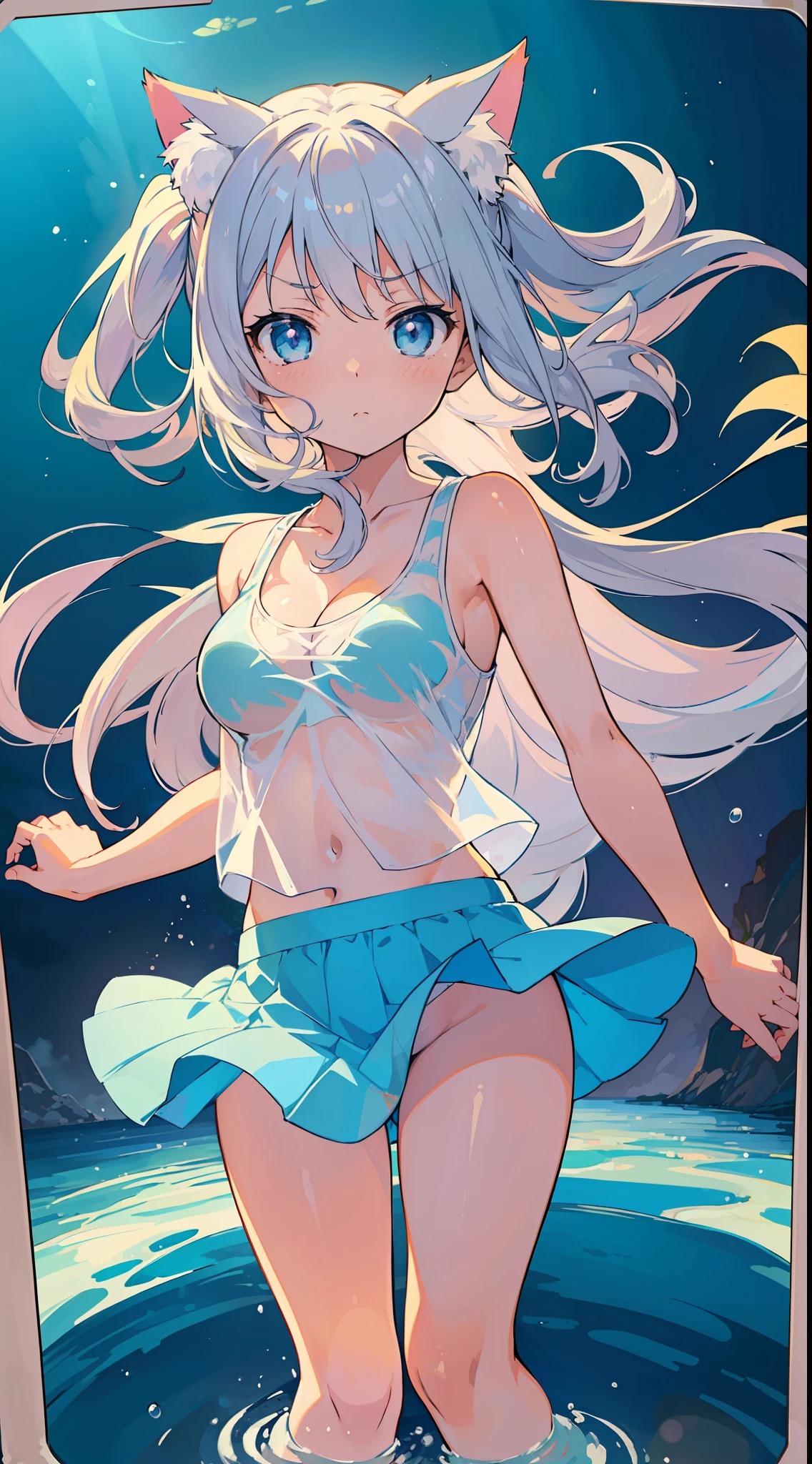 (Masterpiece), (Top Quality Anime Illustrations), (Super Definition), One Girl, Solo, Silver-haired Beautiful Girl, Anime Loli, Cat Ear Loli, Light Blue See-Through Tank Top in Light Color, Underboob, White See-Through Mini Skirt, Shy Face, Cleavage Emphasis, Thighs, Tarot Card Wind, Water