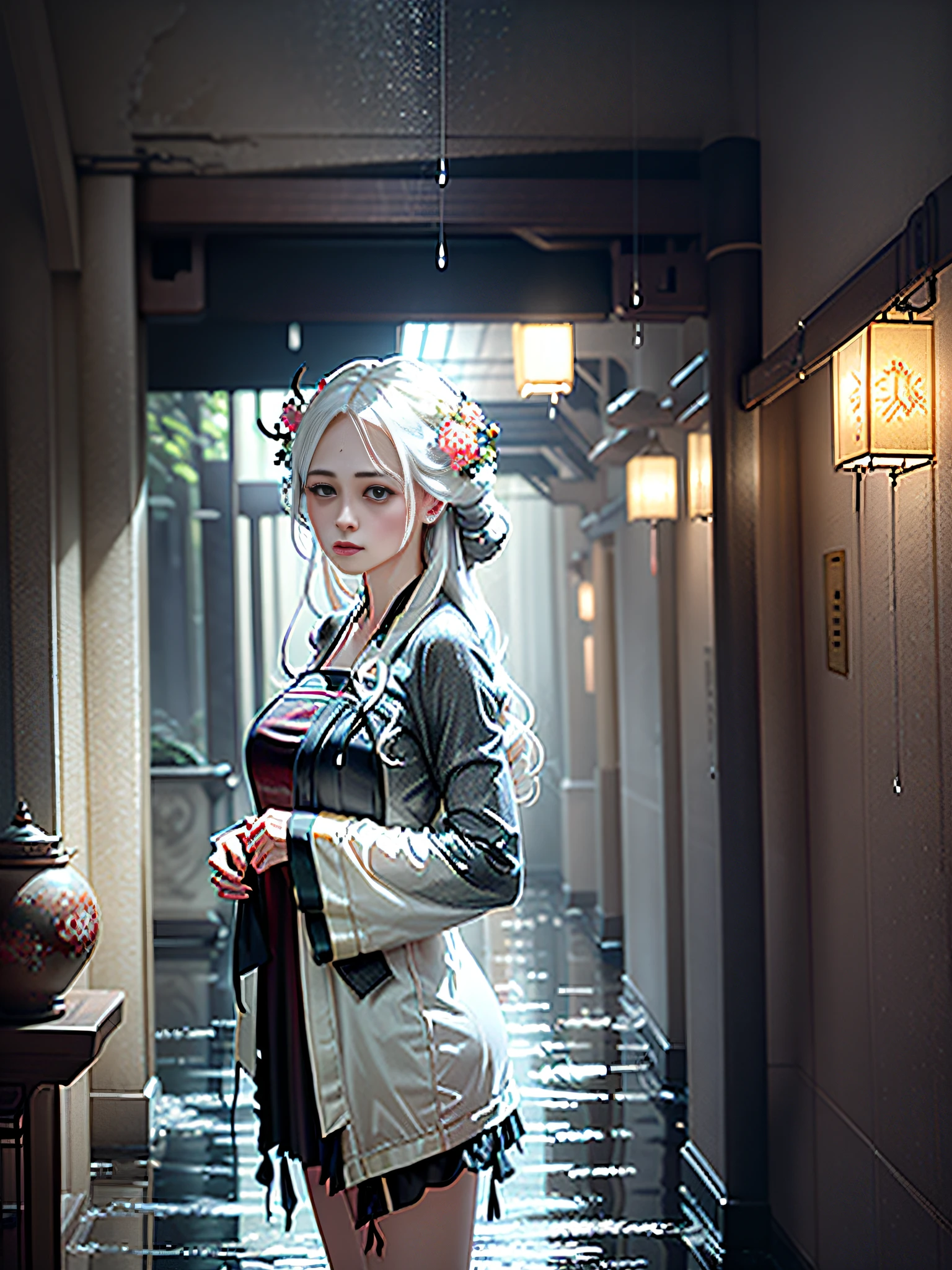 Best Quality, Masterpiece, Ultra High Resolution, Poster, (Fidelity:1.4), Photos, It's Raining, Clothes Soaked, 1 Girl, [(sad)], long white hair, fringed hair ornaments, peony flower hair ornaments, real rain, wet hair, black tulle hanfu, (torn clothes: 1.5), (wet clothes: 1.4), half-off shirt, bare shoulders, dynamic viewing angle, dynamic lighting, volumetric lighting, dim, darkness, despair, pity, pity, poor, movie, tears, teardrops, exposed thighs, seduction, sexy, heavy rain, Surrealist female portraits by David Hockney and Alphonse Mucha, fantasy art, photo realism, dynamic lighting, art stations, posters, volumetric lighting, very detailed faces, 4k wallpapers, award-winning, dynamic perspective, ancient Chinese streets, early morning, rain, lanterns, movie lighting, dramatic composition,