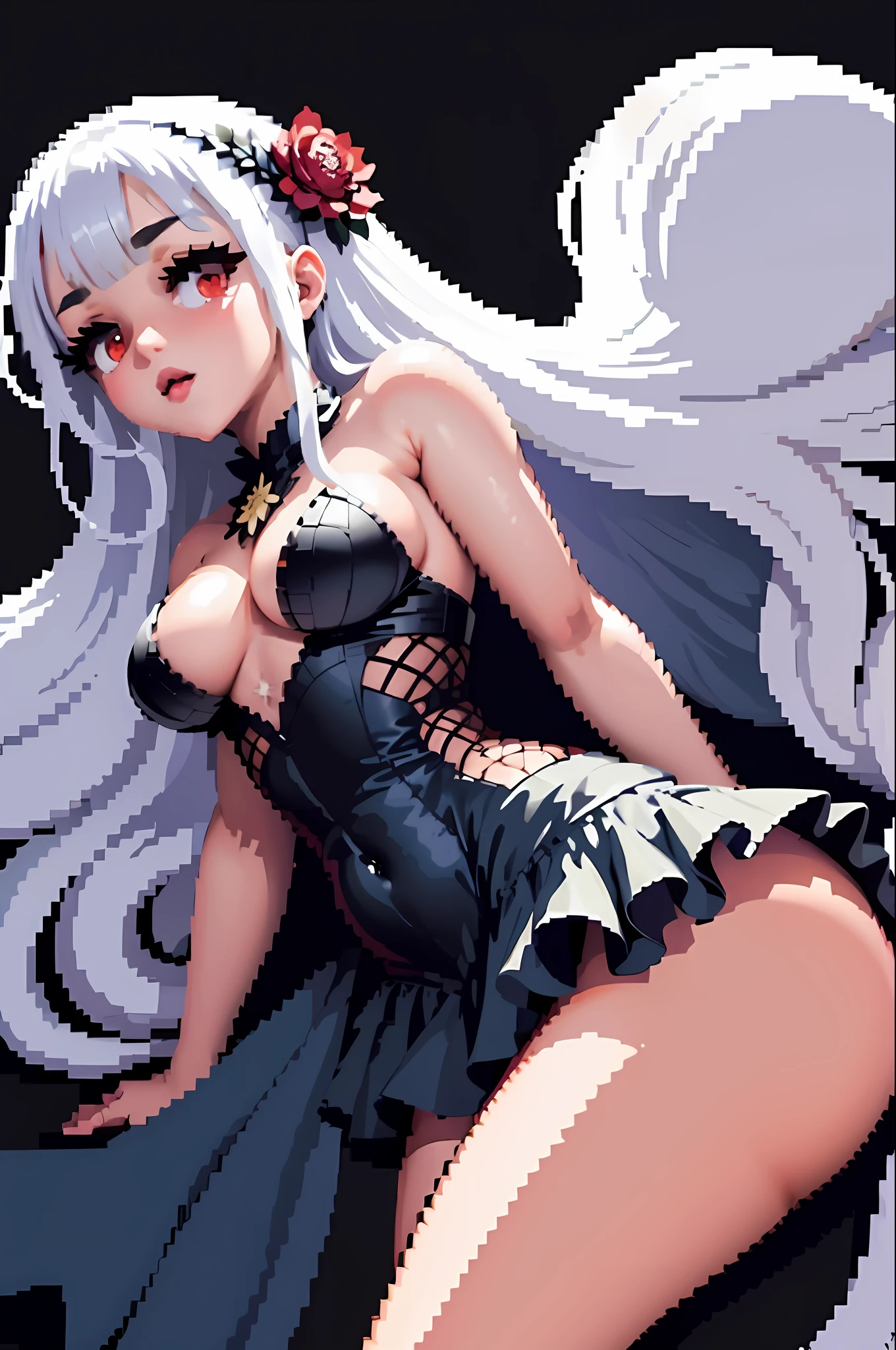 pixel, noshirodress, 1girl, breasts, long hair, ass, solo, looking at the viewer, large breasts, thighs, flower, goth dress, lying down, blue dress, red shoulders, belly down, sideboob, white thighs, thighs, pixel art, white hair, red eyes