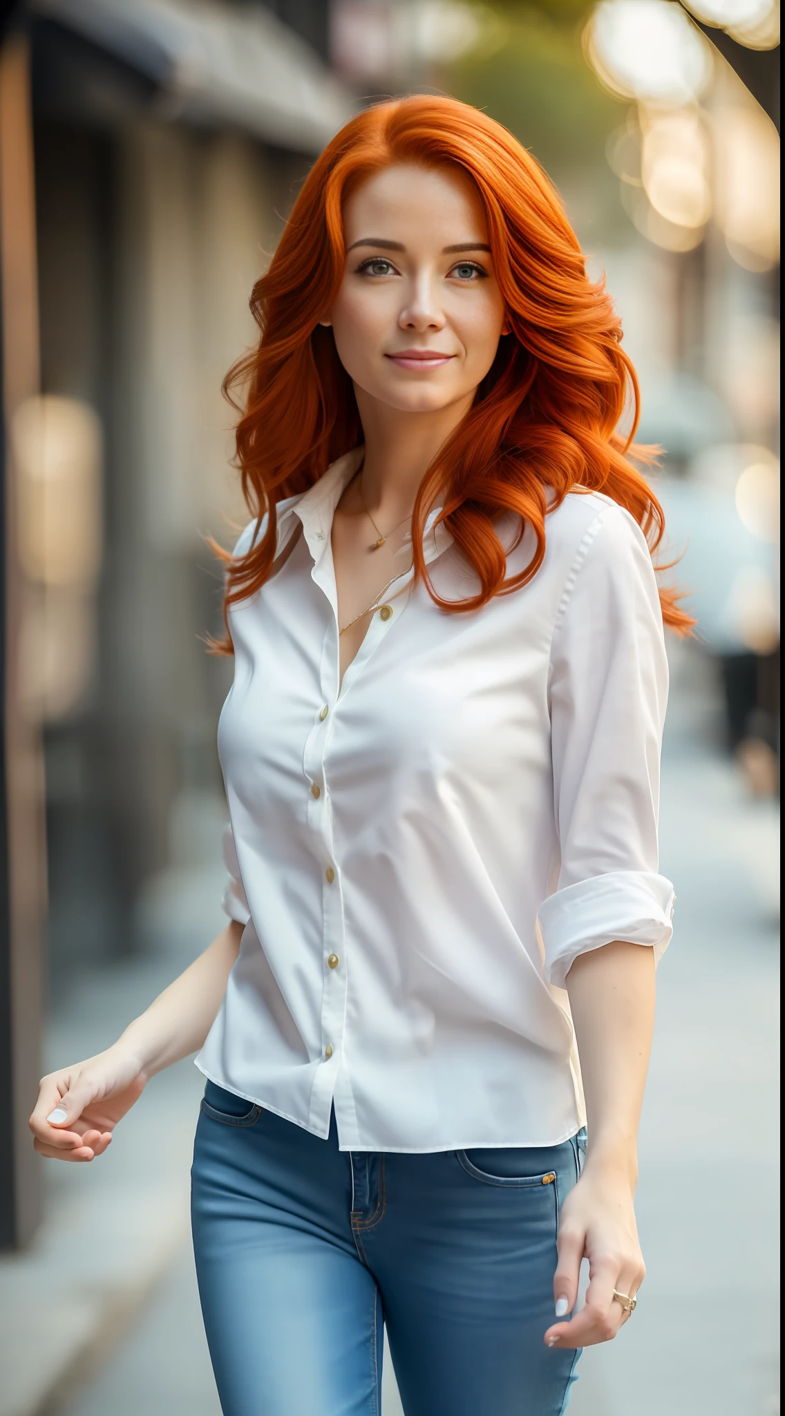 (best quality), (high definition), (street scene) in the morning, sunny, (soft air),(a 30-year-old woman with red hair),(breeze in her hair),(walking on the sidewalk, wearing white blouse and jeans). slightly blurred background.