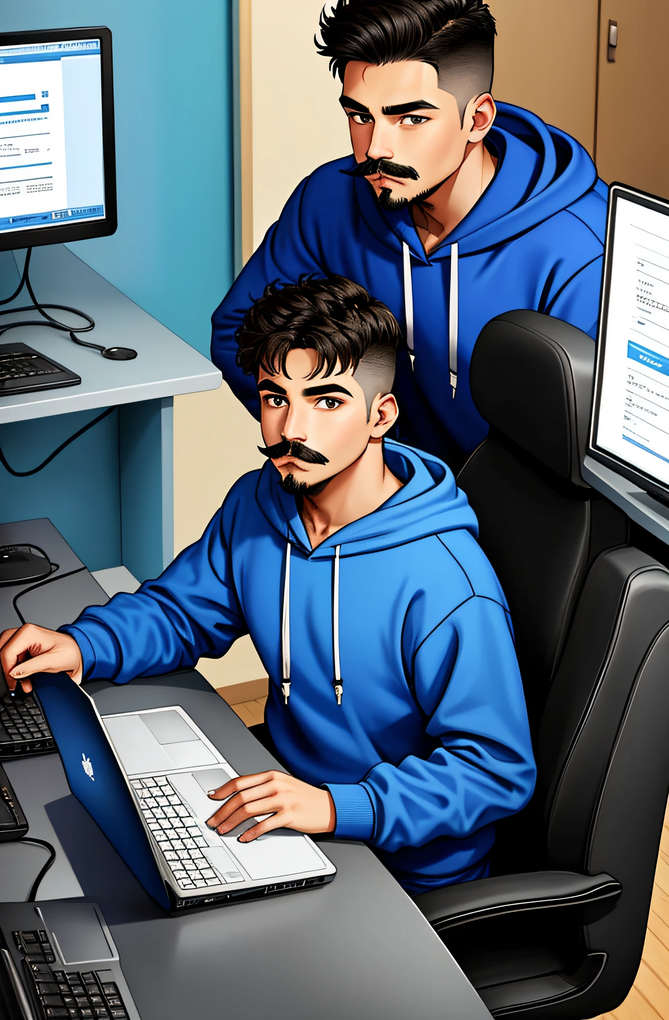 20-year-old with mustache and goatee in sweatshirt and blue hoodie using computer