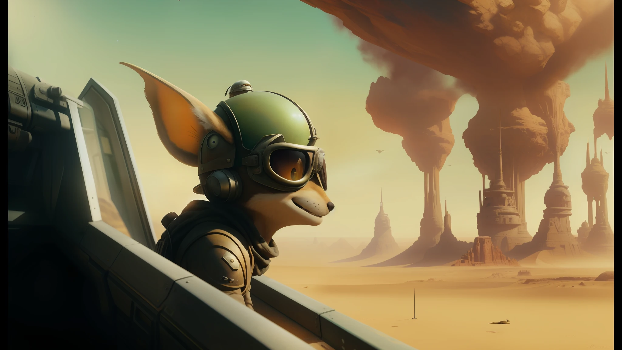 there is a picture of a man in a helmet and goggles looking out of a window, in the croods movie style, desert planet, stardestroyer in the background, fennec fox, nvidia promotional image, jean - baptiste monge, is evil gremlin, flying machines, die antwoord, very beautiful matte painting, psytrance, smile like a sphinx