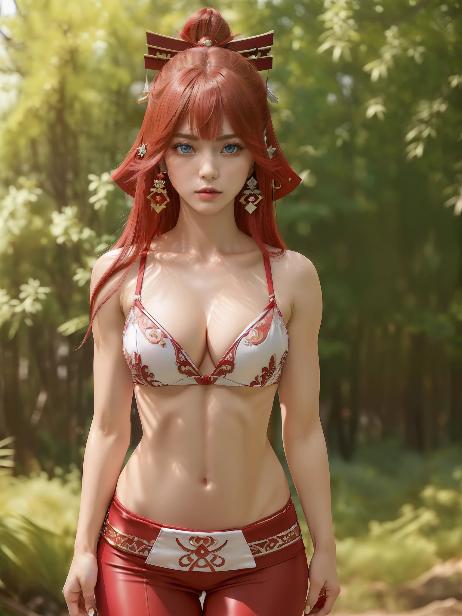 (Yae miko from Genshin Impact:1.5), (Yae miko red clothes from Genshin Impact:1.5), closed mouth, sash, serious, solo, (masterpiece, best quality, extremely detailed 8k, ultra hd, ultra-detailed, highly detailed, highly realistic, photo realistic:1.2), (1girl:1.5), (beautiful realistic face, detailed realistic face:1.2), (high detailed realistic natural red hair, beautiful realistic hairstyle:1.2), (beautiful realistic eyes, high detailed realistic blue eyes, proportional eyes, realistic pupils, high detailed pupils:1.2), (high detailed realistic natural eyebrows), (high detailed realistic lips, beautiful realistic lips, pink lipsticks:1.2), (thick breasts, high proportional realistic breasts, realistic big breasts), (upper body from head to thighs, slender body:1.5), (clarity:1.2), highly detailed realistic skin, sharp focus, (upper body from head to thighs, slim body, slender abs:1.5), (no bra:1.4), thick thighs, outdoor,