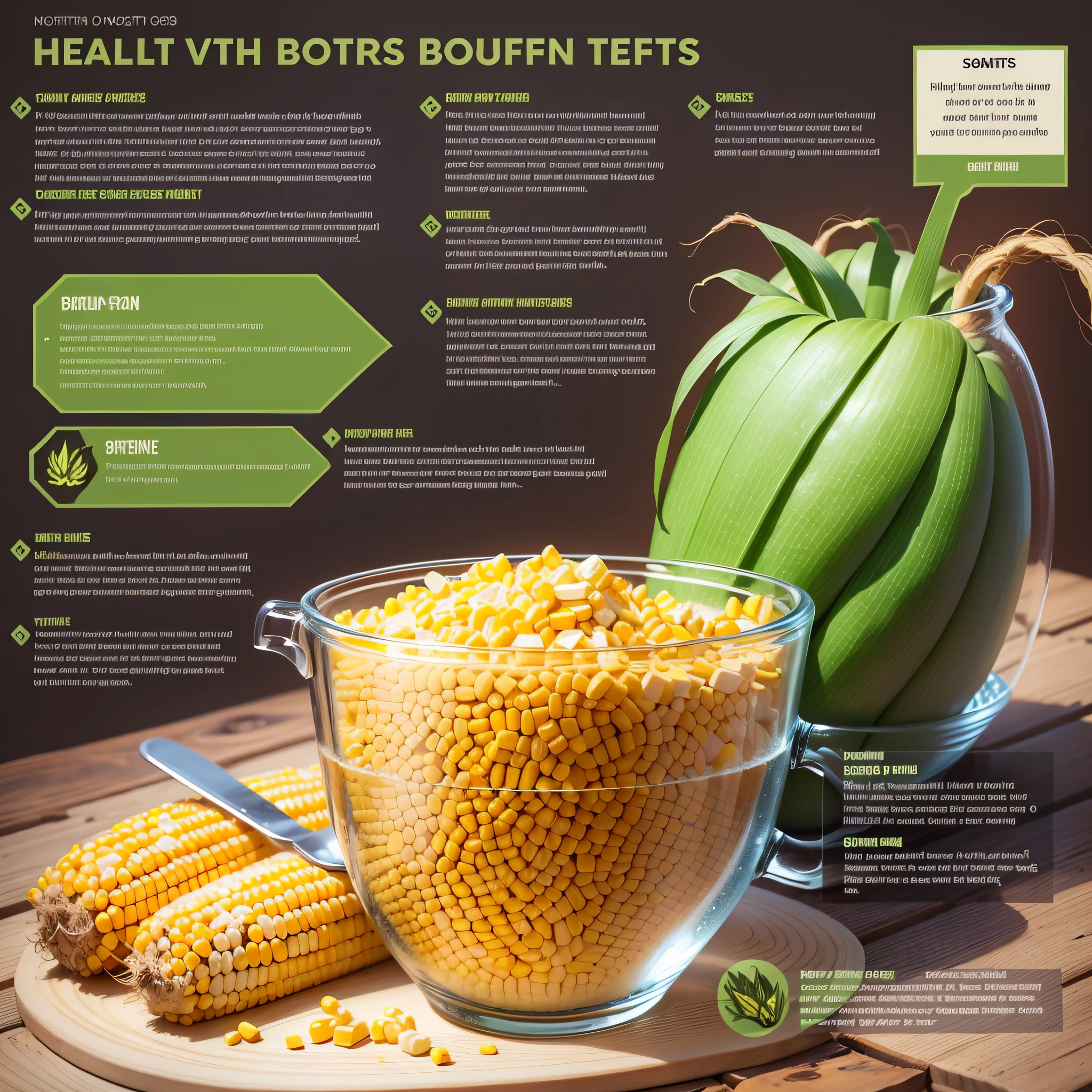 Illustrated infographic with the health benefits of corn with blank spaces to insert text. --auto --s2