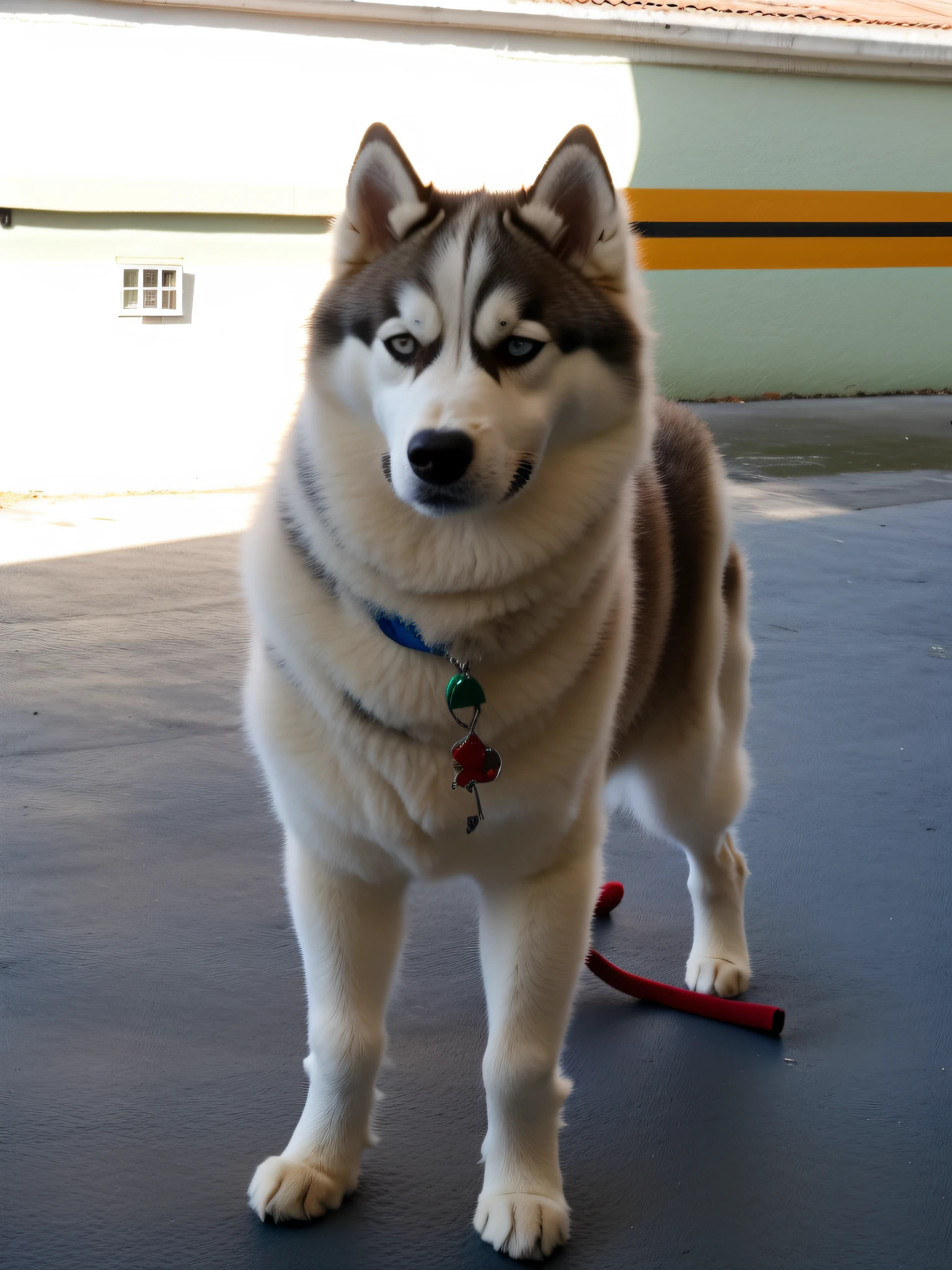 Siberian Husky dog, extremely handsome, blue eyes, full body, 2 years old, with a white snout, anime with realistic viewing style with Fluminense shirt --auto --s2