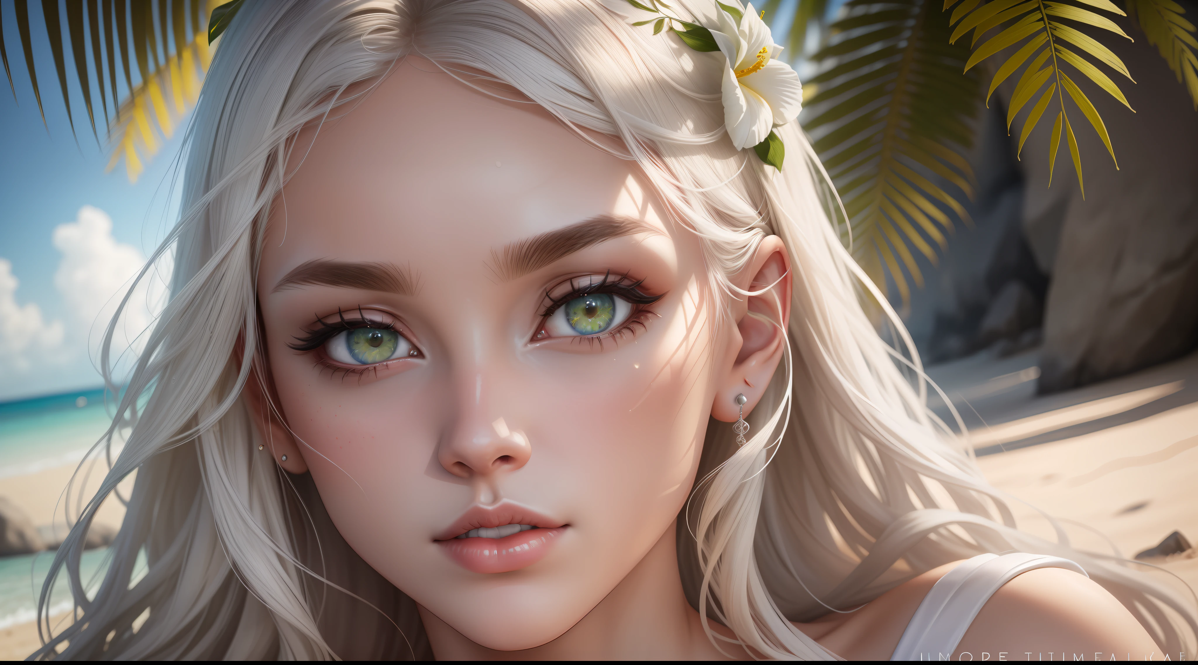 Beautiful white woman wearing red bikini on a beach, perfect detailed face, detailed green eyes with circular iris, realistic, stunning realistic photography, intricately detailed, ultra high definition, 8K, Unreal Engine 5, ultra sharp focus, highly detailed, vibrant, rendered in 8K resolution for high quality details, 8K image quality, 8K high resolution image, hyper detailed, super realistic, intricate details