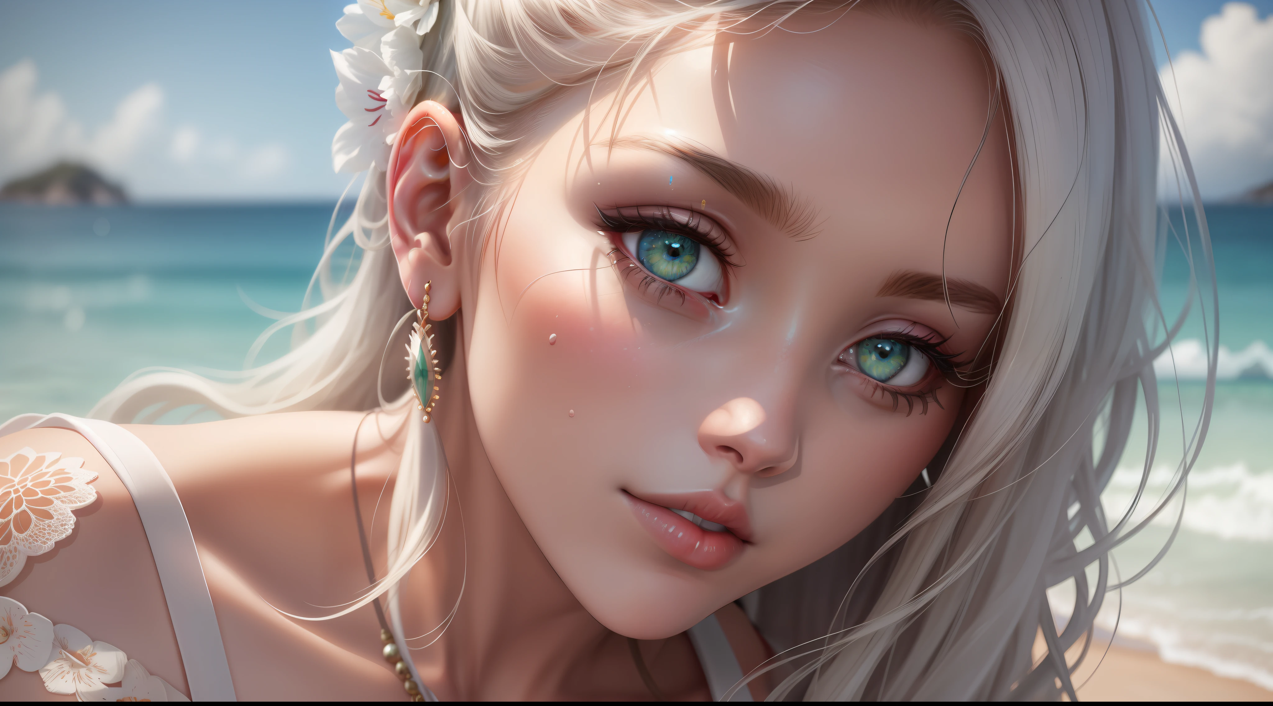 Beautiful white woman wearing red bikini on a beach, perfect detailed face, detailed green eyes with circular iris, realistic, stunning realistic photography, intricately detailed, ultra high definition, 8K, Unreal Engine 5, ultra sharp focus, highly detailed, vibrant, rendered in 8K resolution for high quality details, 8K image quality, 8K high resolution image, hyper detailed, super realistic, intricate details