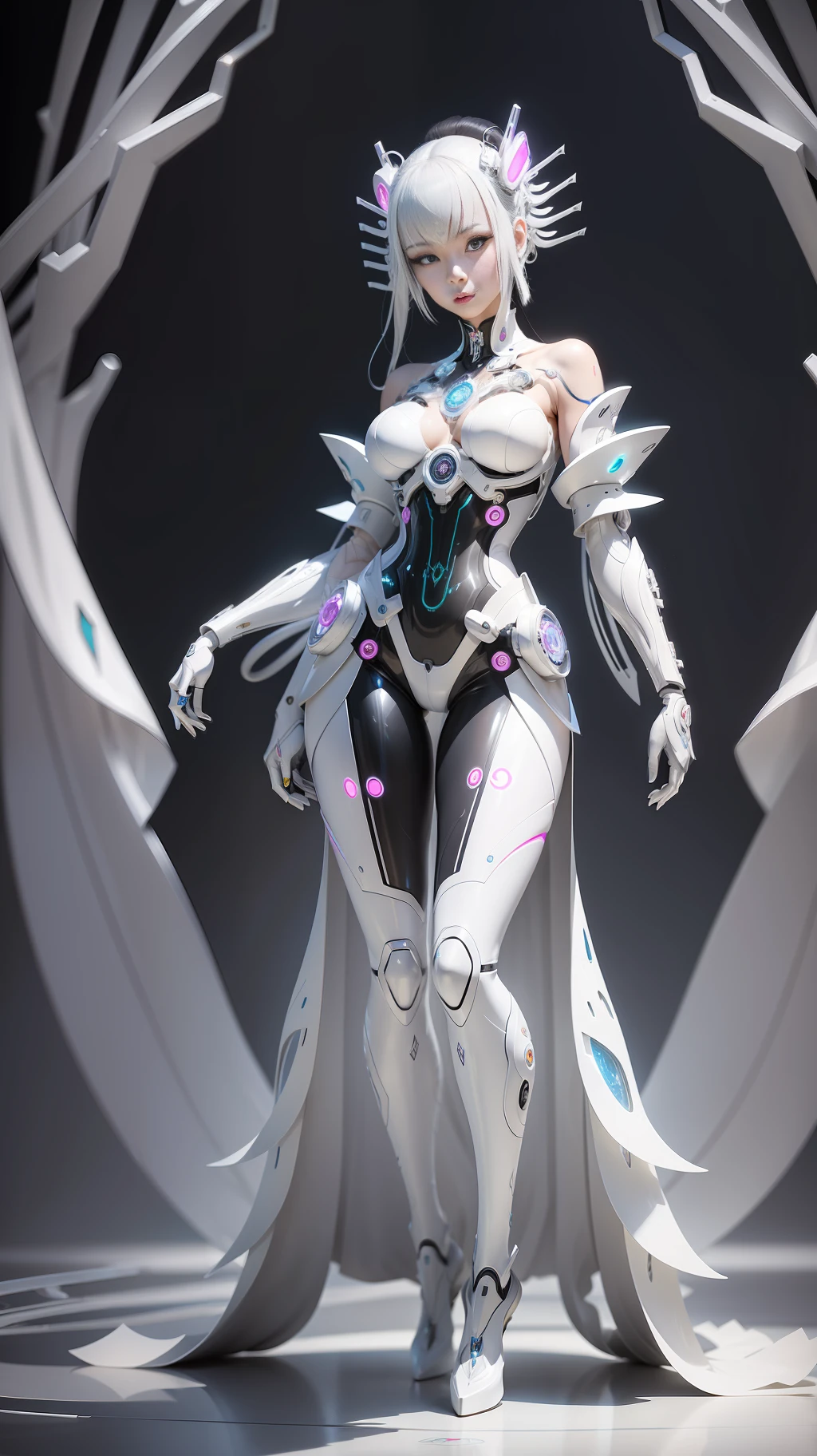 A full body photograph of Japanese female android made of transparent glass, white and silver plastic, geisha makeup and hairstyle, silver metal internal mechanisms, dynamic pose, flowing organic construction, detailed designs, glowing colorful circuitry, colorful neon trim, art by H.R. Giger, Greg Rutowski