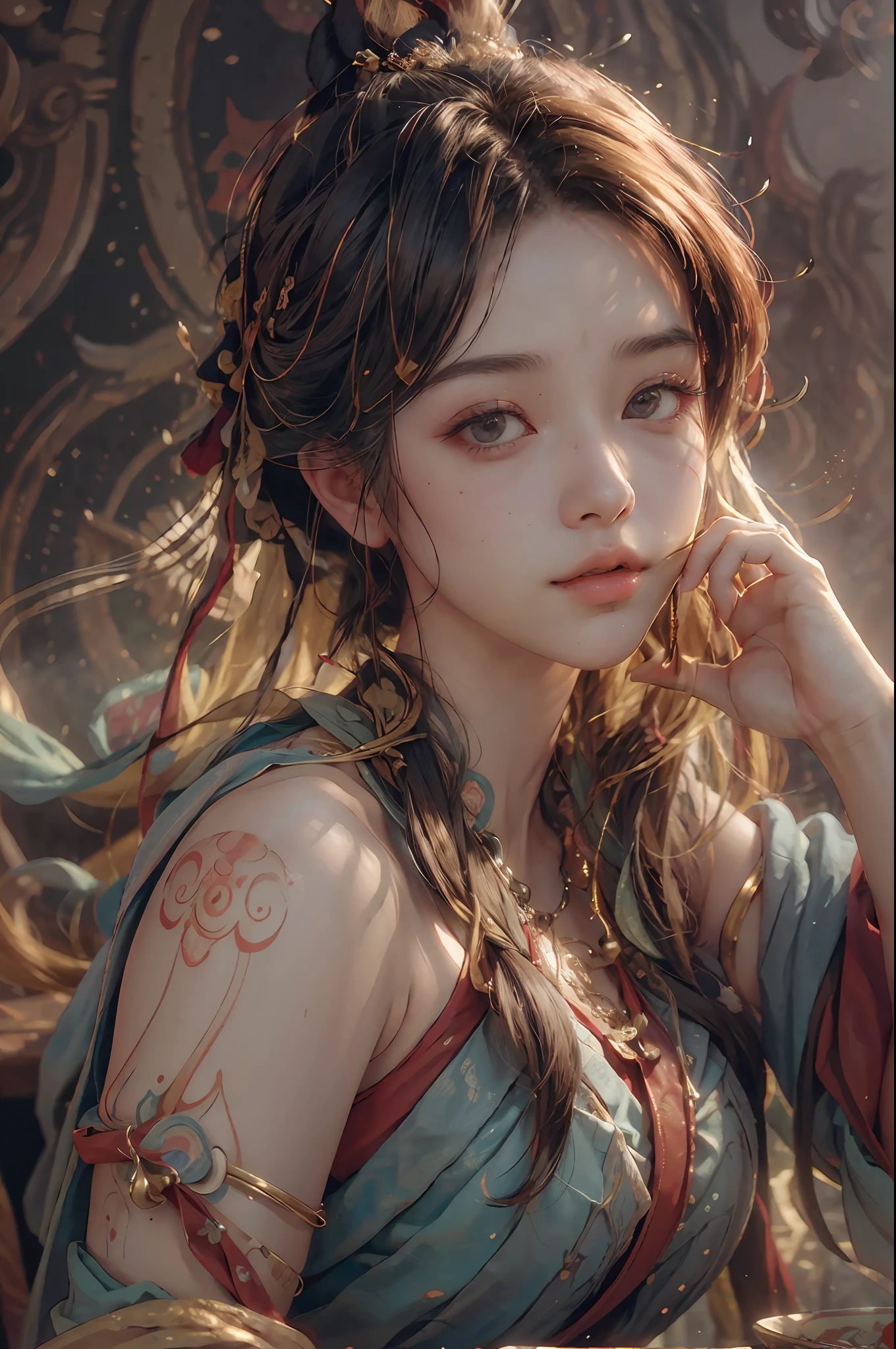 (RAW photo, best quality), (realistic, photo-realistic:1.3),best quality,highly detailed,masterpiece,ultra-detailed,illustration,1girl,upper_body,dynamic angle,world masterpiece theater,messy_long_hair,best quality,extremely detailed CG unity 8k wallpaper,ink,Amazing,cinematic lighting,lens_flare, dunhuang_style