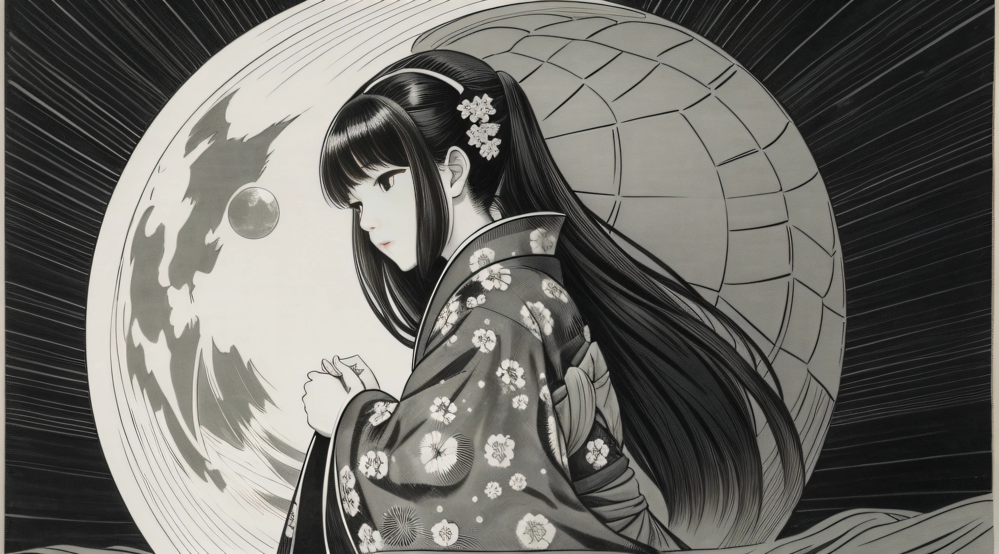 Black and white woodblock print Japan woman in kimono straddling a big turtle Looking at the moon