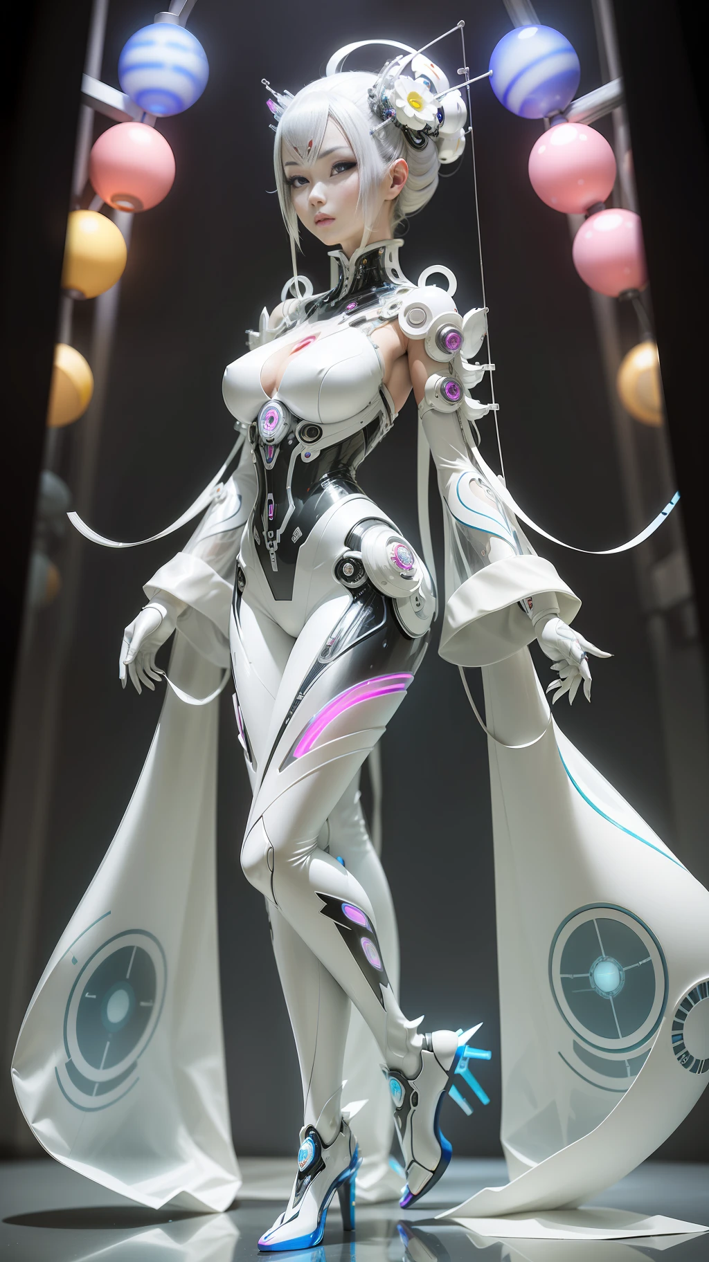 A full body photograph of Japanese female android made of transparent glass, white and silver plastic, geisha makeup and hairstyle, silver metal internal mechanisms, dynamic pose, flowing organic construction, detailed designs, glowing colorful circuitry, colorful neon trim, art by H.R. Giger, Greg Rutowski