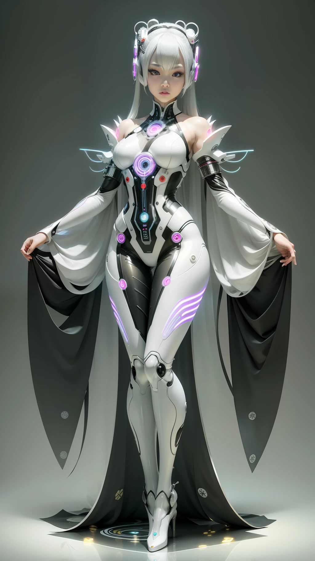 A full body photograph of Japanese female android made of transparent glass, white and silver plastic, geisha makeup and hairstyle, silver metal internal mechanisms, dynamic pose, flowing organic construction, detailed designs, glowing colorful circuitry, colorful neon trim, art by H.R. Giger, Greg Rutowski