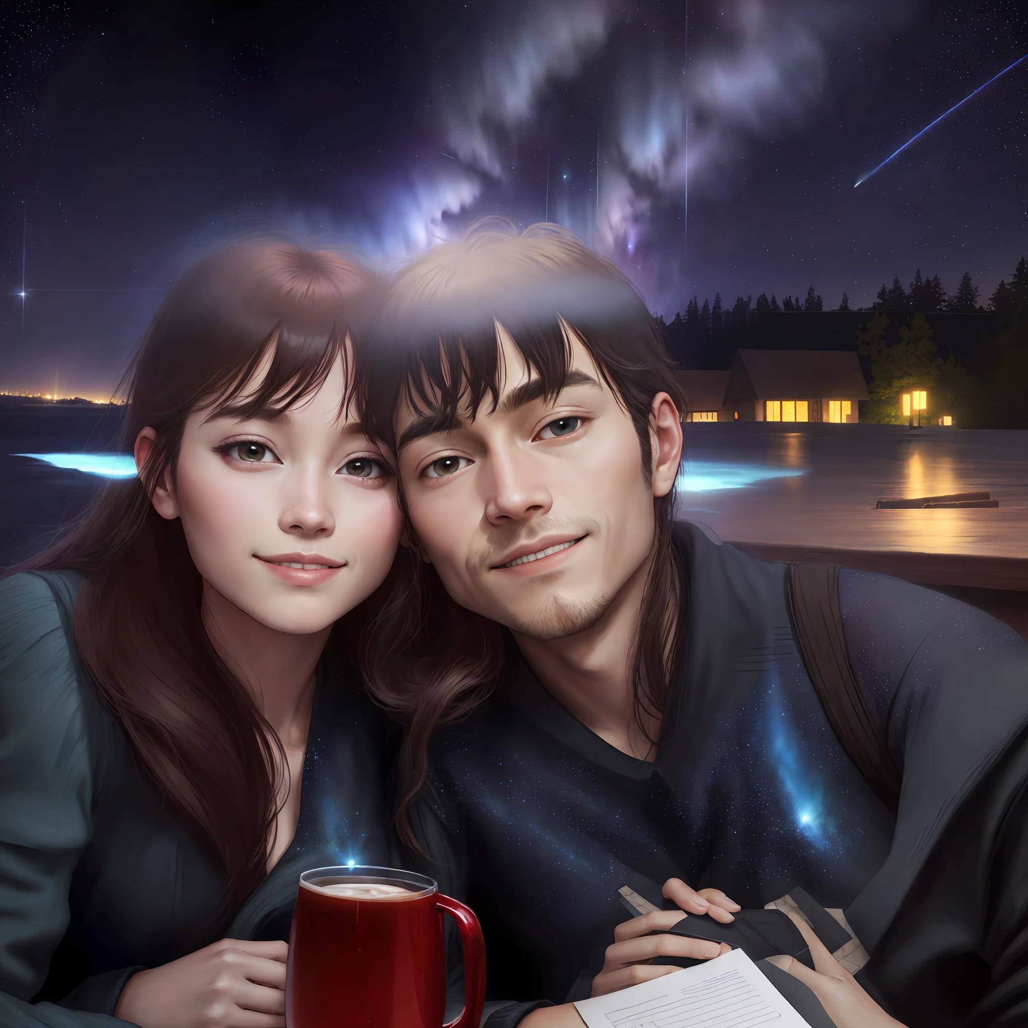 There is a man and a woman sitting together at a table, happy couple, lovely couple, night!, aurora borealis, shooting star in starry sky, 8k selfie photography, high quality image, anime style