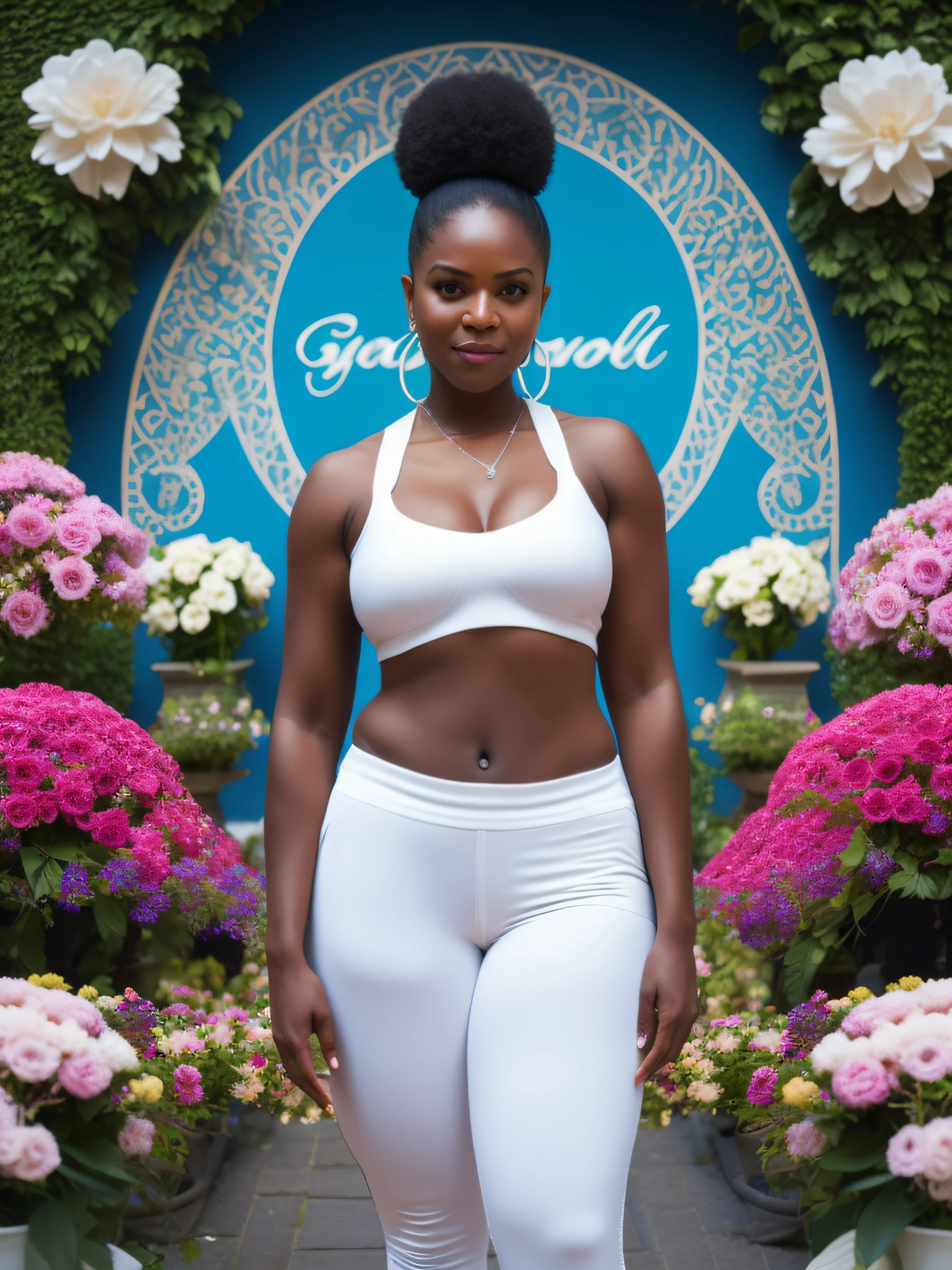fking_scifi, fking_scifi_v2, portrait of a young very beautiful haitian big breast woman, in front of a marvelous flowers, (((big breast))), wearing white yoga pants,high heels, regal pose and attitude. fking_cinema_v2. fking_cinema_v2