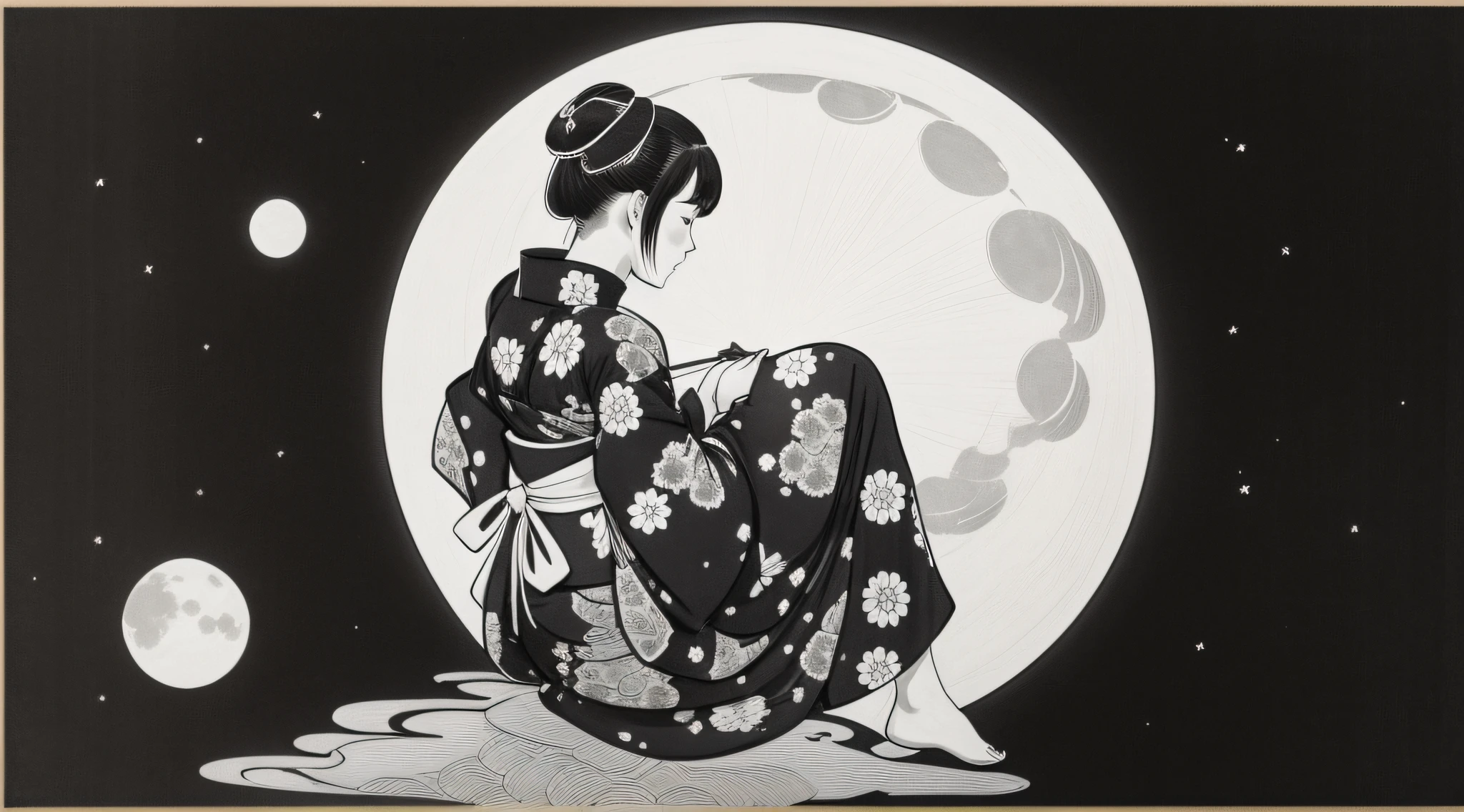 Black and white woodblock print Japan woman in kimono straddling a big turtle Looking at the moon