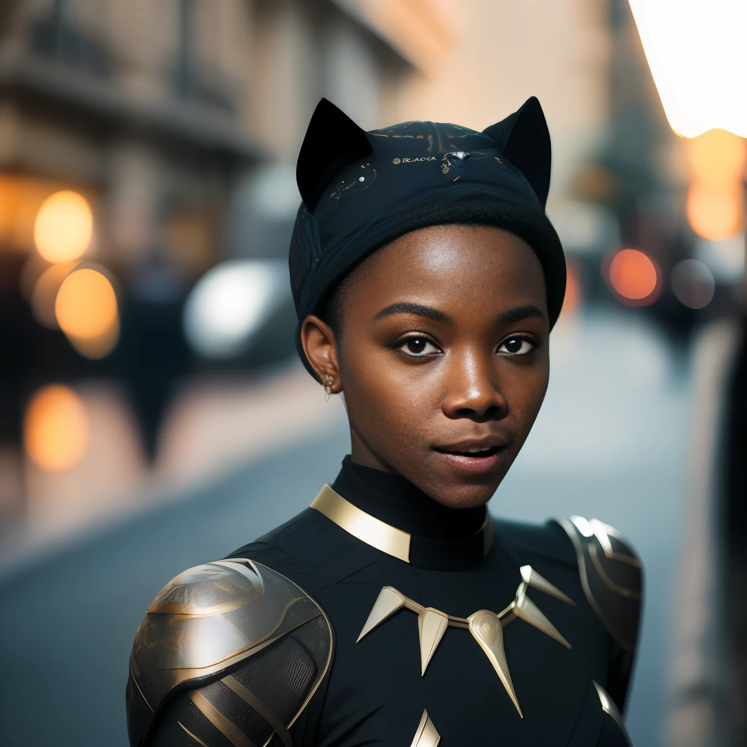 . portrait of young woman Marvels Black Panther Female in street, Jean - Baptiste Monge, anthropomorphic cinematic shot + dynamic composition, incredibly detailed, sharpen, details + intricate detail + professional lighting, film lighting + 35mm + anamorphic + lightroom + cinematography + bokeh + lens flare + film grain + HDR10 + 8K + Marcin Nagraba + Rebecca Millen,