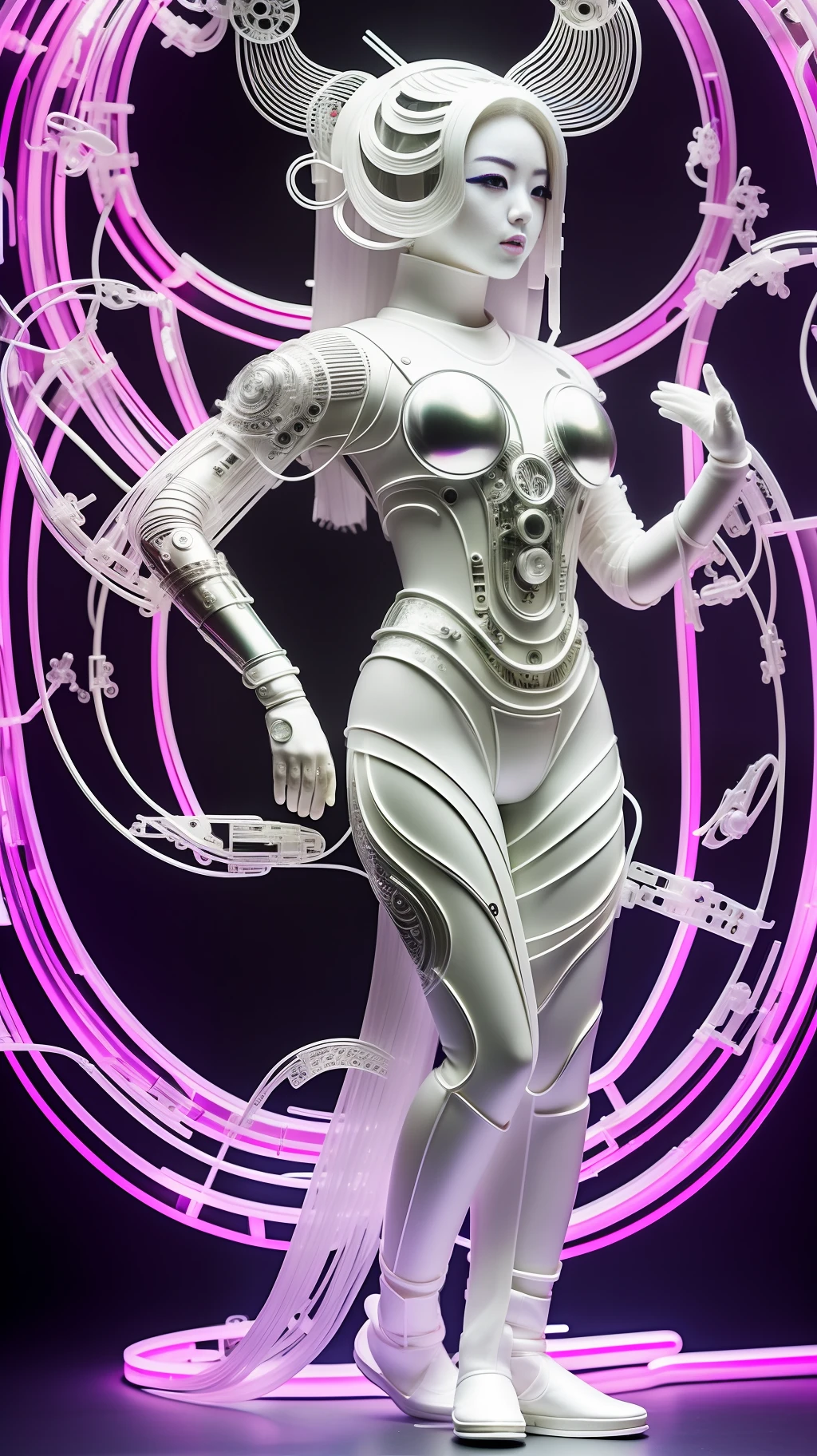 A full body photograph of Japanese female android made of transparent glass, white and silver plastic, geisha makeup and hairstyle, silver metal internal mechanisms, dynamic pose, flowing organic construction, detailed designs, glowing colorful circuitry, colorful neon trim, art by H.R. Giger, Greg Rutowski