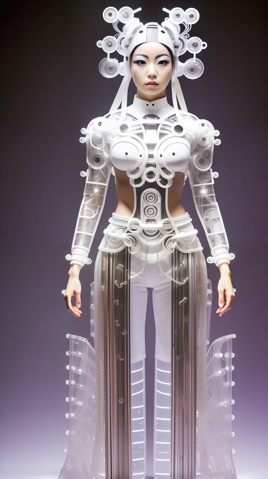 A full body photograph of Japanese female android made of transparent glass, white and silver plastic, geisha makeup and hairstyle, silver metal internal mechanisms, dynamic pose, flowing organic construction, detailed designs, glowing colorful circuitry, colorful neon trim, art by H.R. Giger, Greg Rutowski