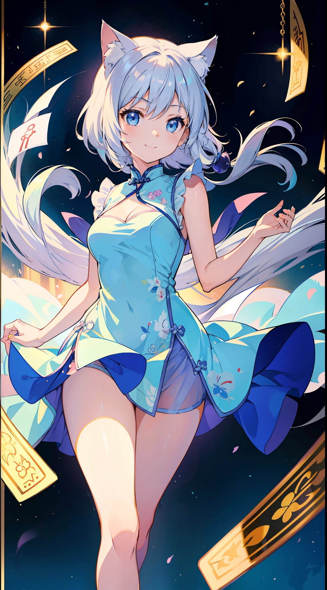 (Masterpiece), (Top Quality Anime Illustration), (Super Definition), One Girl, Solo, Beautiful Girl with Silver Hair, Anime , Cat Ear Lolight Blue See-Through Cheongsam Dress, Short Cheongsam, Sleeveless, Smile, Cleavage Emphasis, Underboob, Thighs, Tarot Card Wind