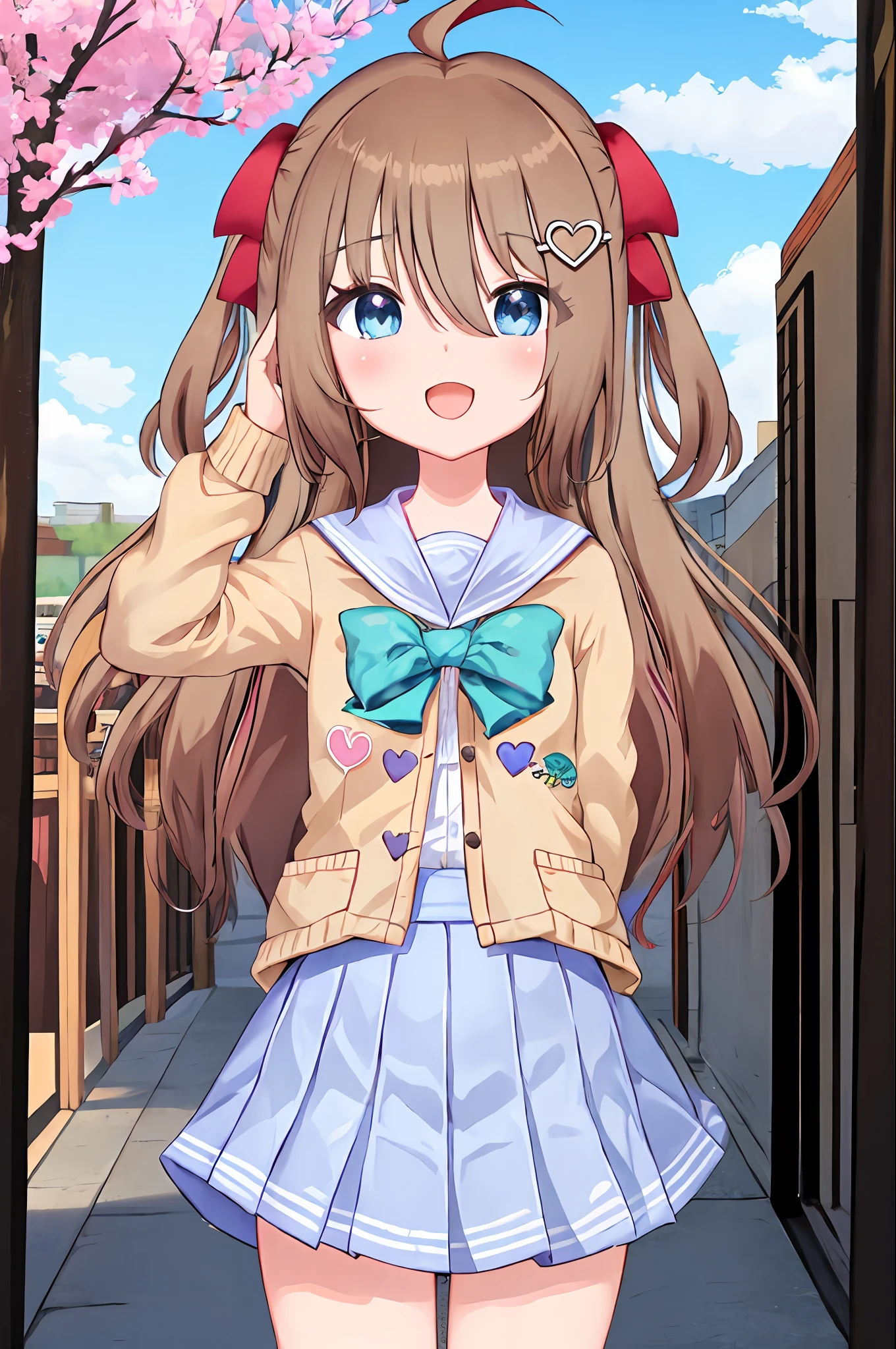 (masterpiece), (ultra-detailed), best quality, 8k, 1girl, neuro-sama, solo, looking at viewer, standing, looking at viewer, portrait, brown cardigan, bowtie, sailor collar, ahoge, cherry blossoms, blue eyes, sky, outdoors, smile, heart hair ornament, two side up, (heart hands:1.2), blue skirt, white shirt, serafuku, open mouth, (spoken heart:1.4)