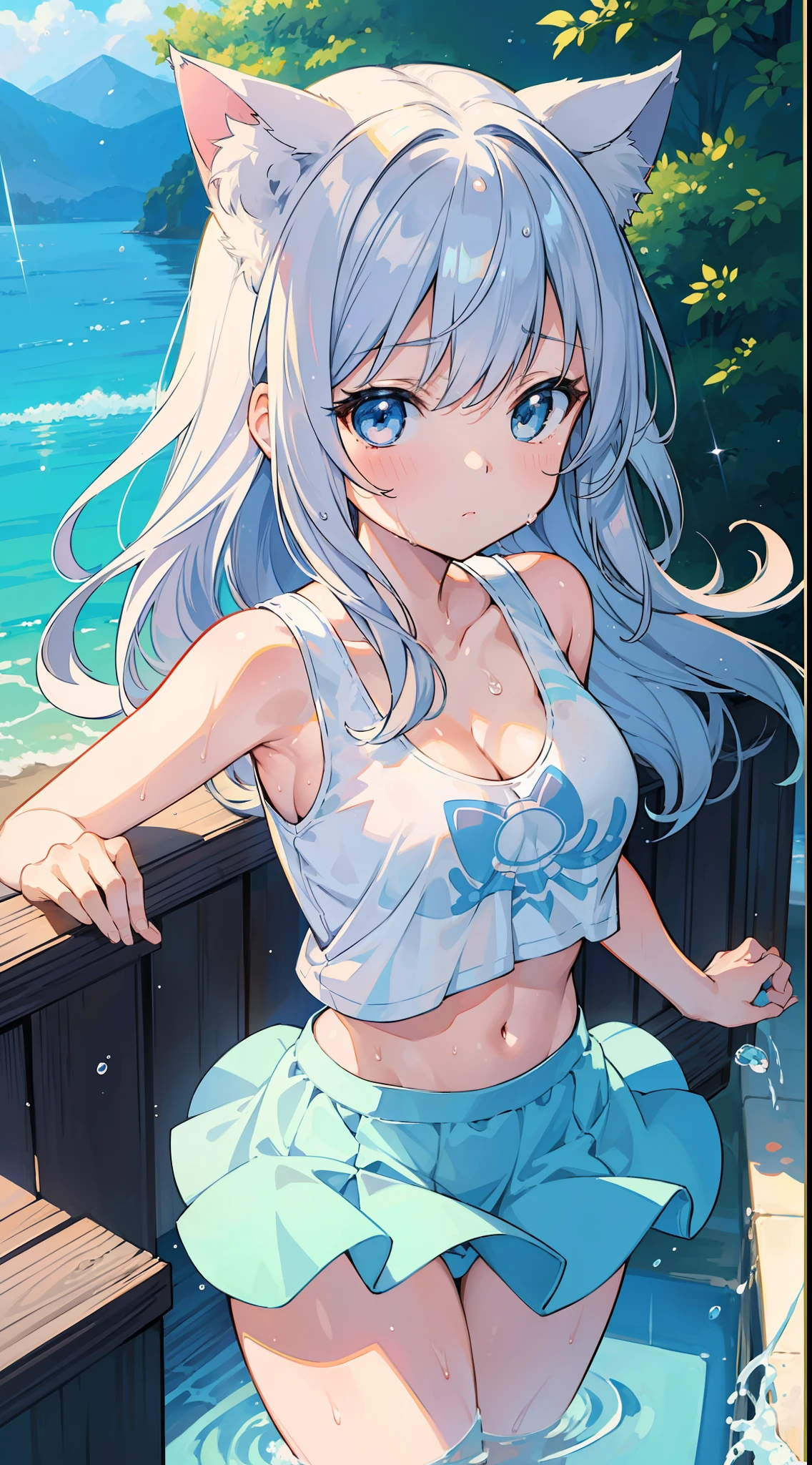 (Masterpiece), (Top Quality Anime Illustration), (Super Definition), One Girl, Solo, Beautiful Girl with Silver Hair, Anime , Cat Ear Lolight Blue Tank Top in Light Color, Underboob, White Mini Skirt, Wet Sheer, Cleavage Enhancement, Thighs, Tarot Card Style, Water