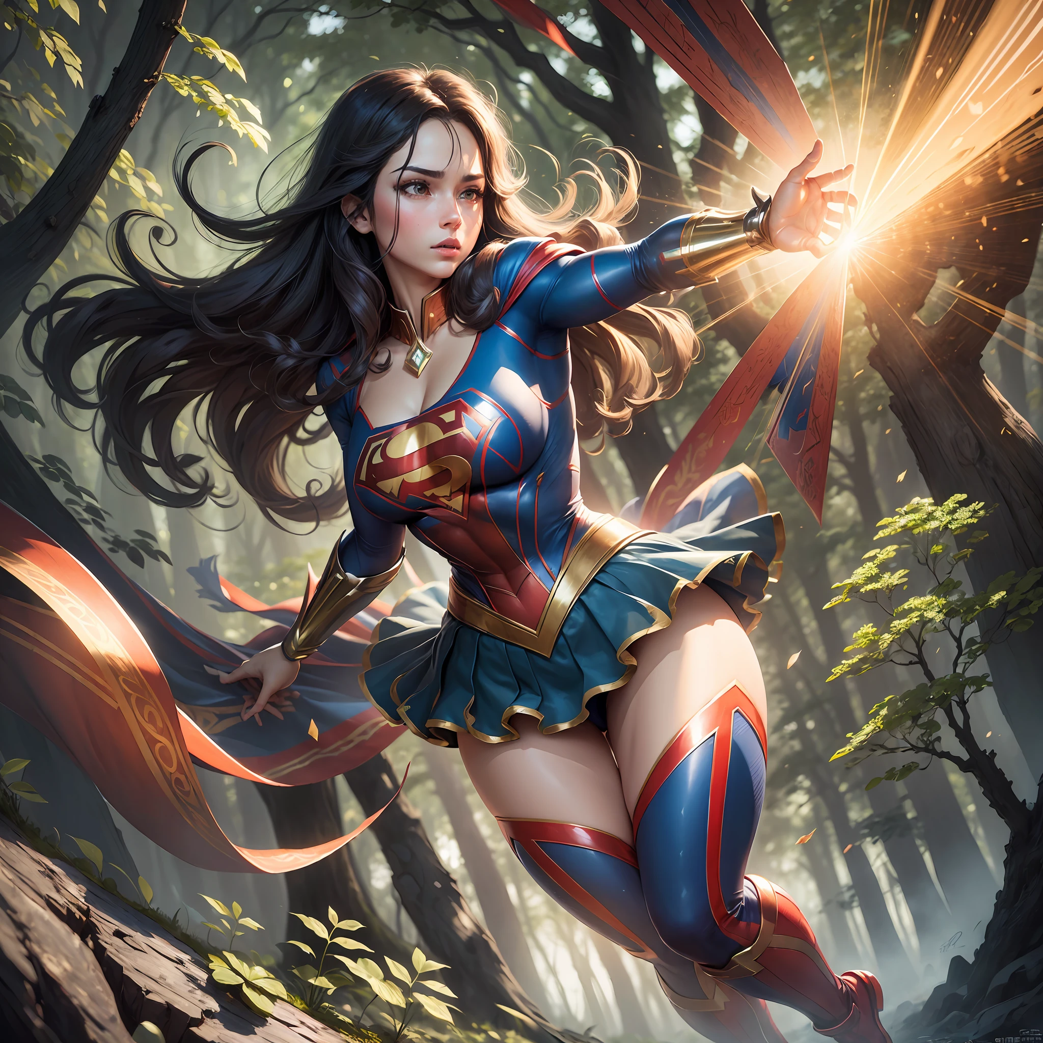 (((masterpiece))), best quality, ultra-detailed, extremely detailed CG unit 8k wallpaper, best illustration, a majestic and powerful Supergirl, traditional superman uniform, dark hair, background with forests. --auto --s2