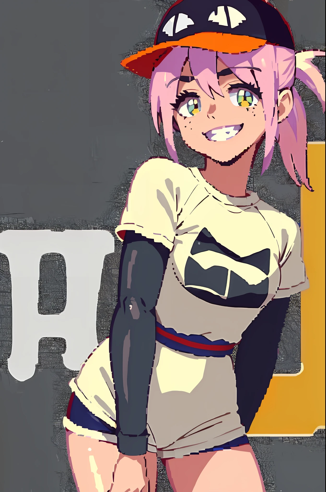 (masterpiece, best quality: 1.2), haruko, flcl, 1girl, solo, smile, baseball outfit, pink hair, ponytail, yellow eyes, (black cat shirt, black cat hat, black long sleeves, white shorts: 1.1), pixel, pixel art