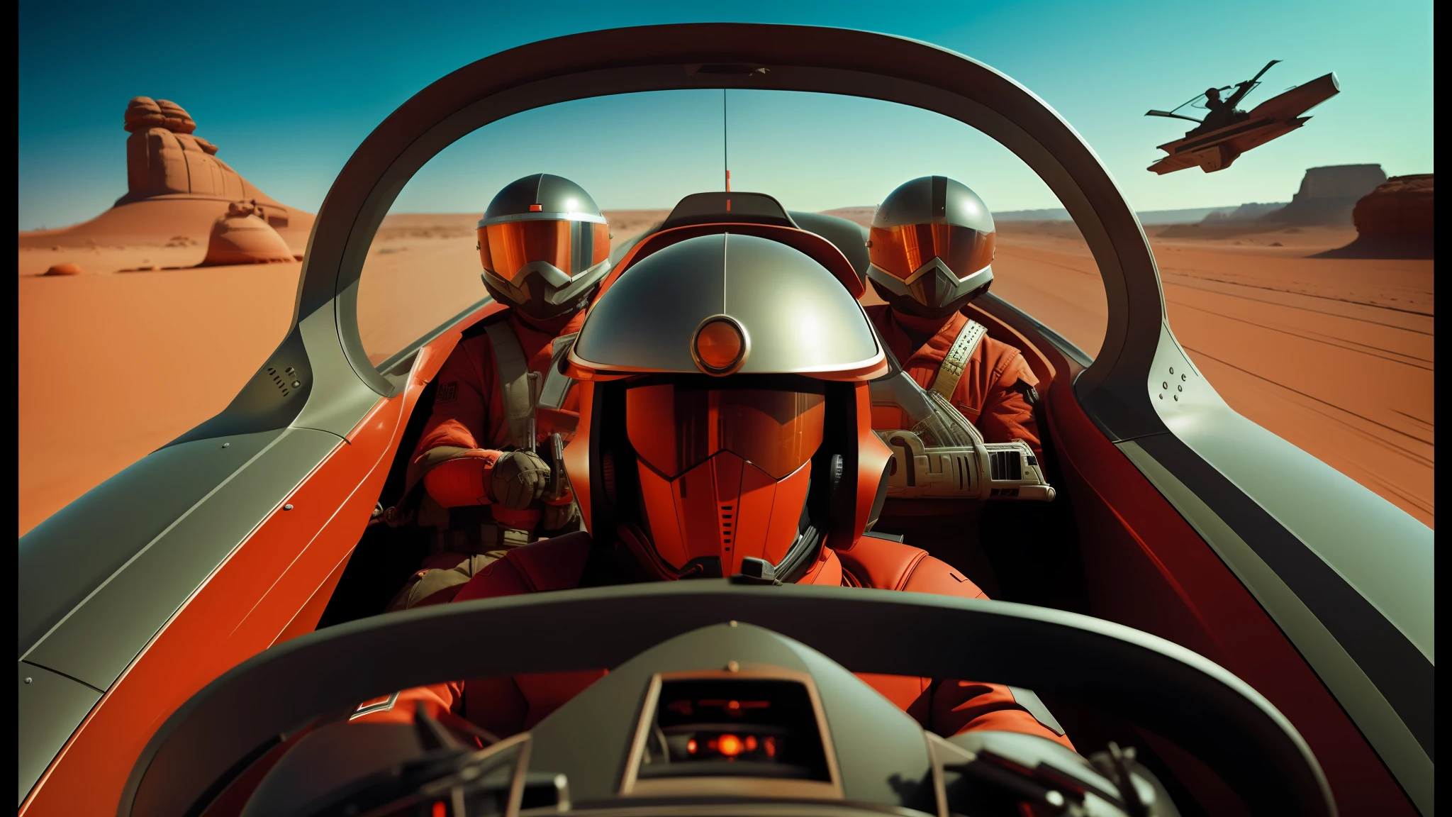 there are three men in a red car driving in the desert, syd mead 3/4 closeup portrait, spherical black helmets, valerian, professional graflex photograph, promotional photograph, winged helmet, alex colville, war boys, amazing color photograph, round-cropped, 2049, lorem ipsum dolor sit amet, krull
