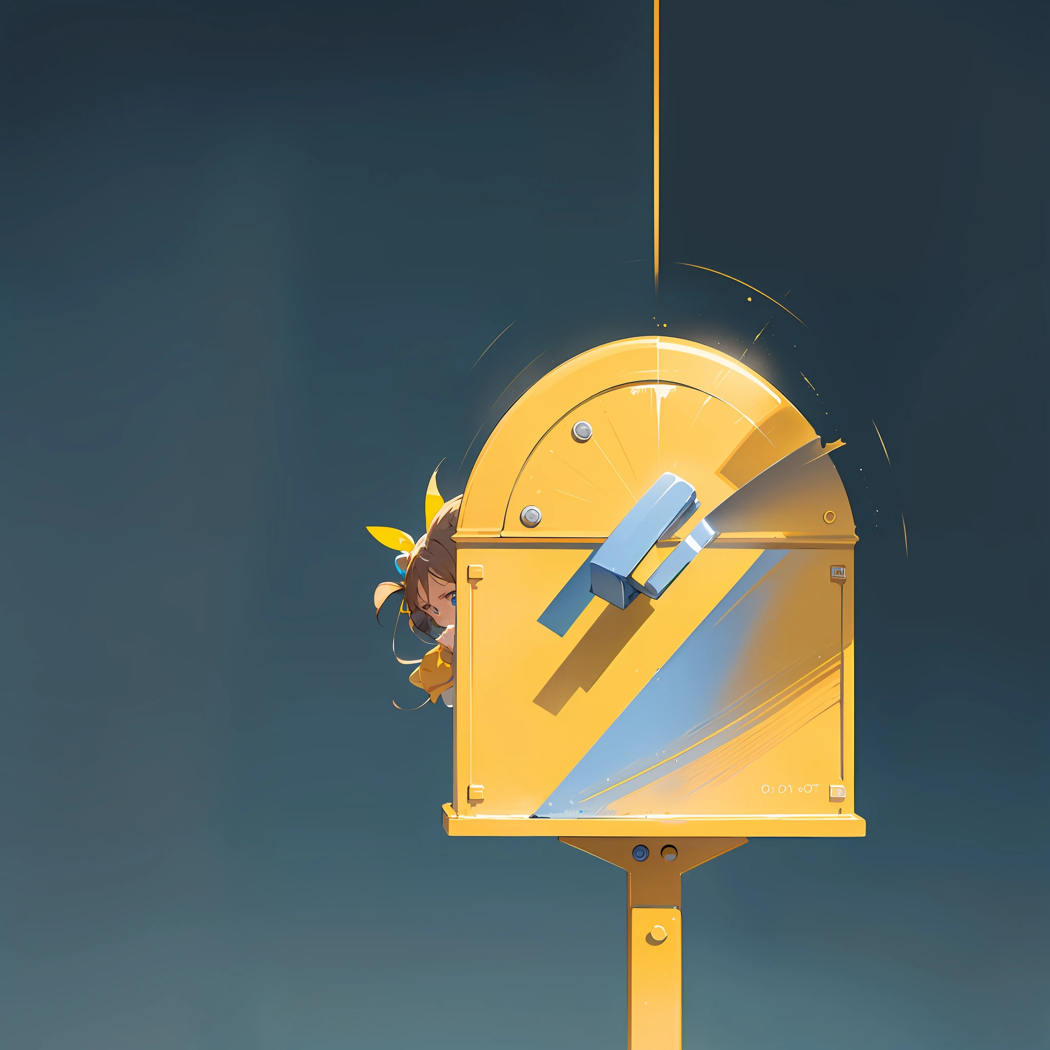 Rotating hands on mailbox, yellow mailbox, one of the edges facing forward, top rounded arch, hands with rotating smear, hands on the front, background Klein blue solid color, solid color style --auto --s2