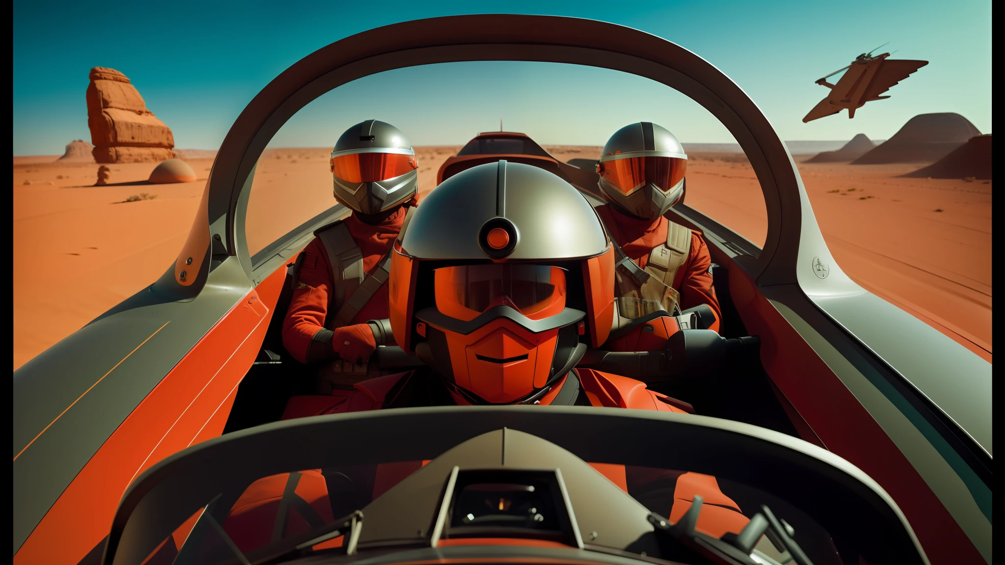 there are three men in a red car driving in the desert, syd mead 3/4 closeup portrait, spherical black helmets, valerian, professional graflex photograph, promotional photograph, winged helmet, alex colville, war boys, amazing color photograph, round-cropped, 2049, lorem ipsum dolor sit amet, krull