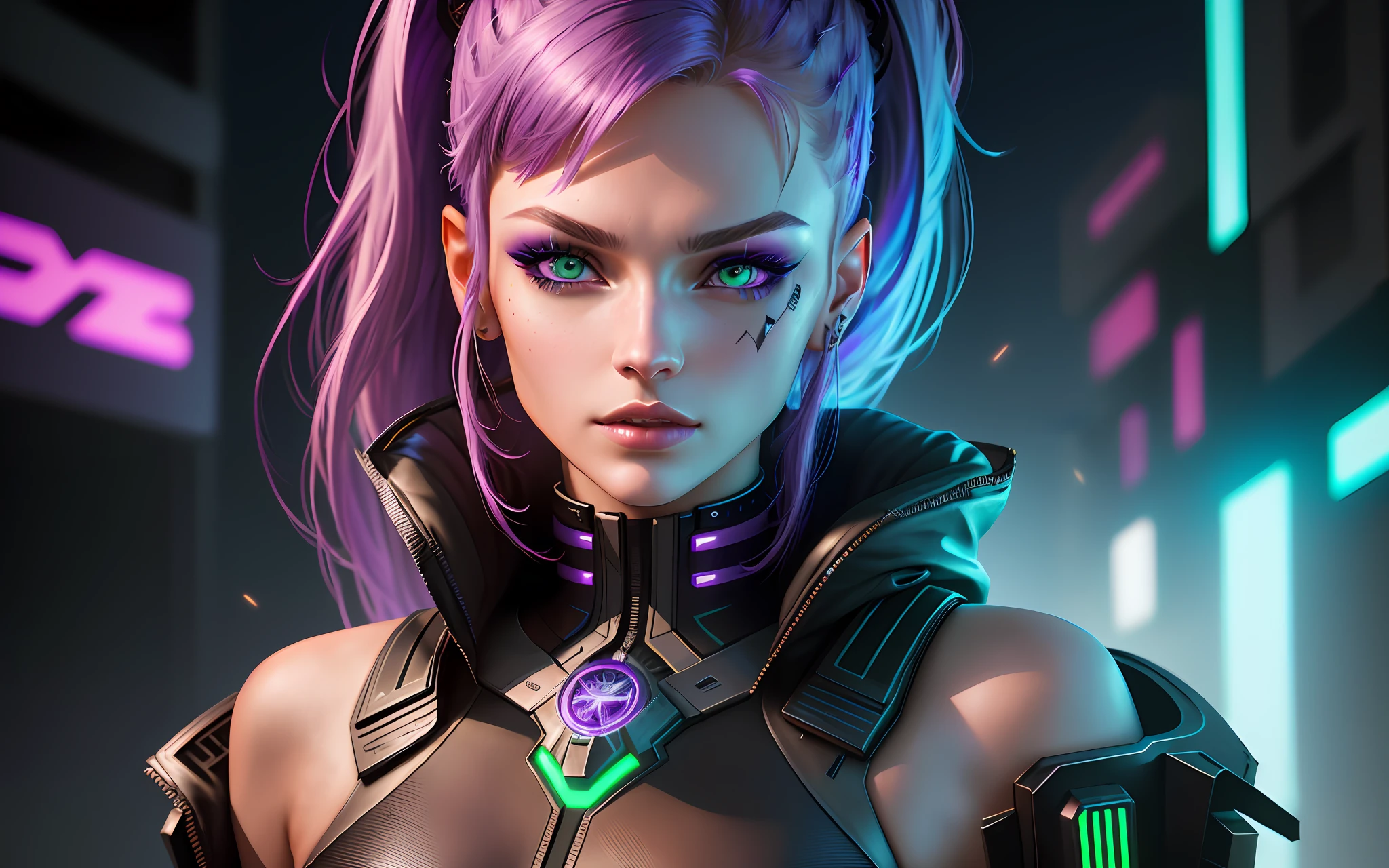 Alisa Freindlich, Alisa Shor, Alisa Kuzmina, Alisa Selezneva, an exotically beautiful woman dressed in futuristic clothes with a ponytail of purple hair pays with digital rubles for a purchase, a perfect detailed face, detailed symmetrical green eyes with a round iris, realistic, stunning realistic photography, 3D rendering, octane rendering, intricate detailed, cinematic, cyberpunk art style, thematic art cyberpunk, cyberpunk art style, cyberpunk girl portrait, cyberpunk portrait, cyberpunk bright glow, advanced cyberpunk digital art, cyberpunk style, cyberpunk style color, hyper-realistic cyberpunk style, female cyberpunk, cyberpunk character art, dreamy cyberpunk girl, cyberpunk atmosphere,