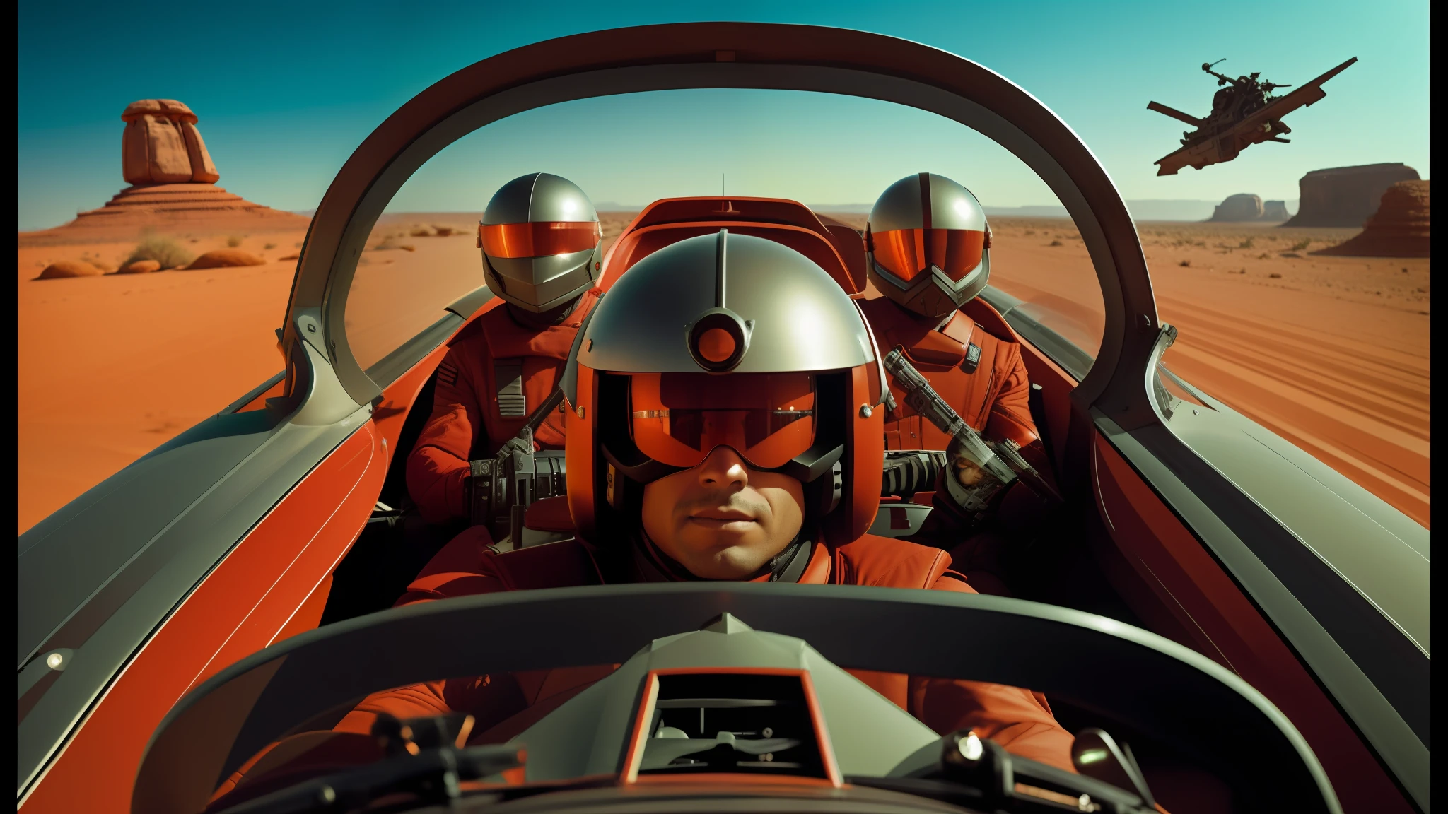 there are three men in a red car driving in the desert, syd mead 3/4 closeup portrait, spherical black helmets, valerian, professional graflex photograph, promotional photograph, winged helmet, alex colville, war boys, amazing color photograph, round-cropped, 2049, lorem ipsum dolor sit amet, krull