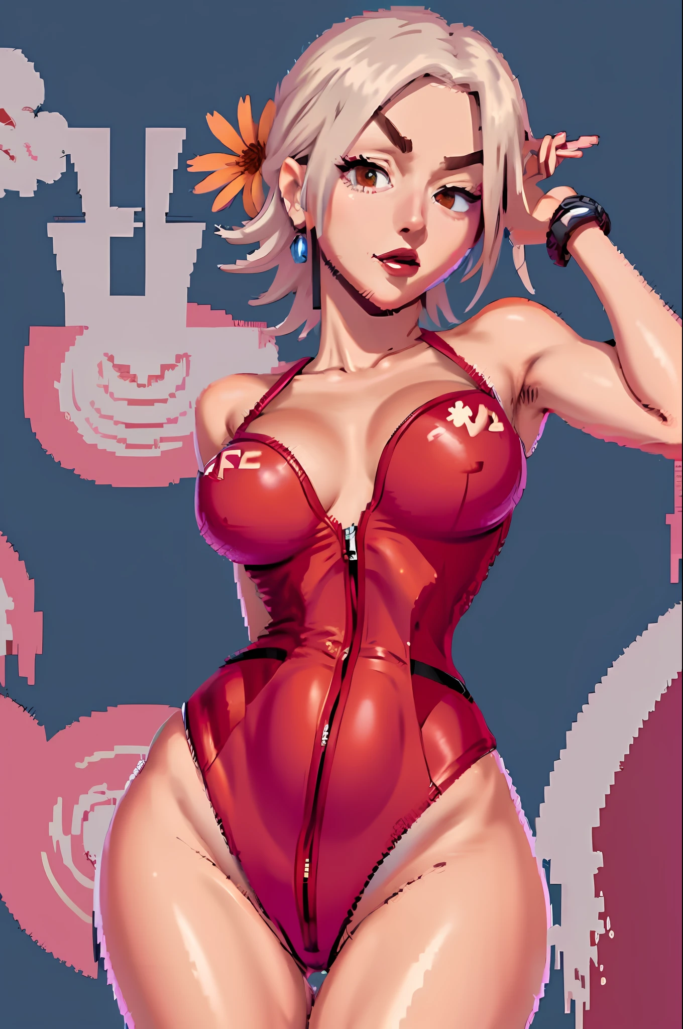 pixel, haruko, flcl, 1girl, breasts, short hair, ass, solo, looking at the viewer, medium breasts, thighs, flower, baseball clothes, standing, sideboob, white thighs, thighs, pixel art, white hair, red eyes