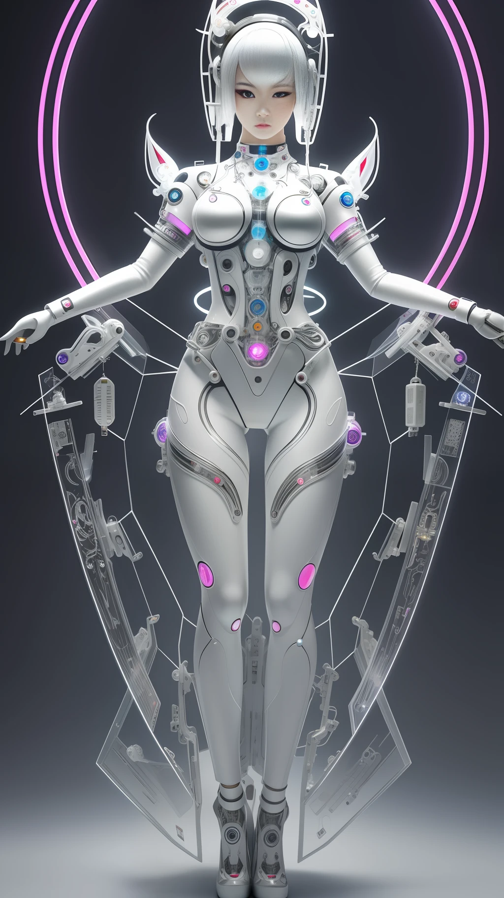A full body photograph of Japanese female android made of transparent glass, white and silver plastic, geisha makeup and hairstyle, silver metal internal mechanisms, dynamic pose, flowing organic construction, detailed designs, glowing colorful circuitry, colorful neon trim, art by H.R. Giger, Greg Rutowski