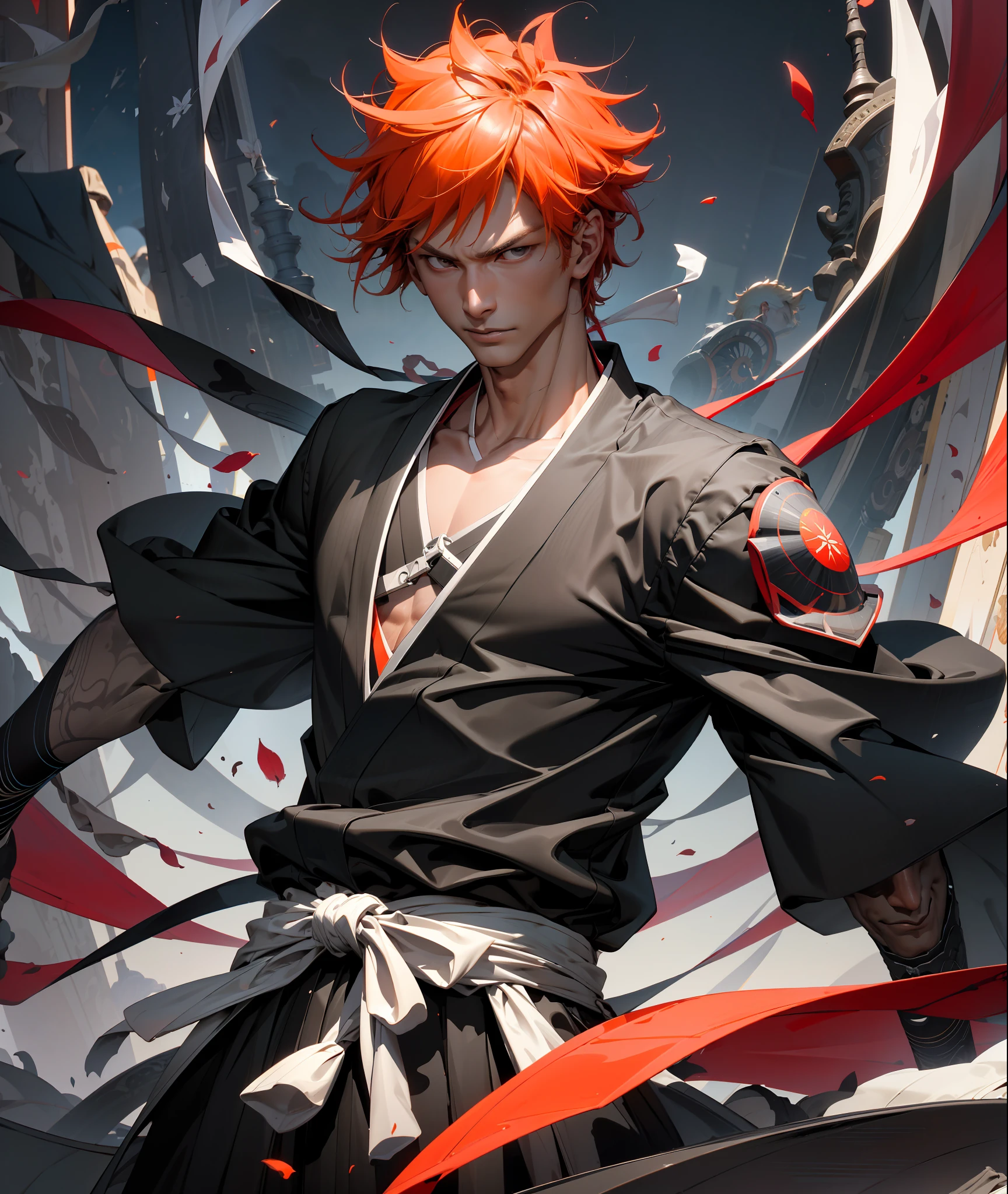 (masterpiece, best quality:1.2), solo, male focus, 1boy, kurosaki ichigo, slight smile, looking at viewer, short orange hair, brown eyes, japanese clothes, black kimono, dynamic pose, detailed gorgeous face, 30-megapixel, 4k, 85mm lens, sharp focus, intricately detailed, long exposure time, f/8, ISO 100, shutter speed 1/125, diffuse back lighting, award winning photograph, facing camera, looking into camera, monovisions, perfect contrast, High sharpness, facial symmetry, depth of field, ultra-detailed photography, raytraced, global illumination, TanvirTamim, smooth, ultra high definition, 8k, unreal engine 5, ultra sharp focus, award-winning photograph, trending on artstation