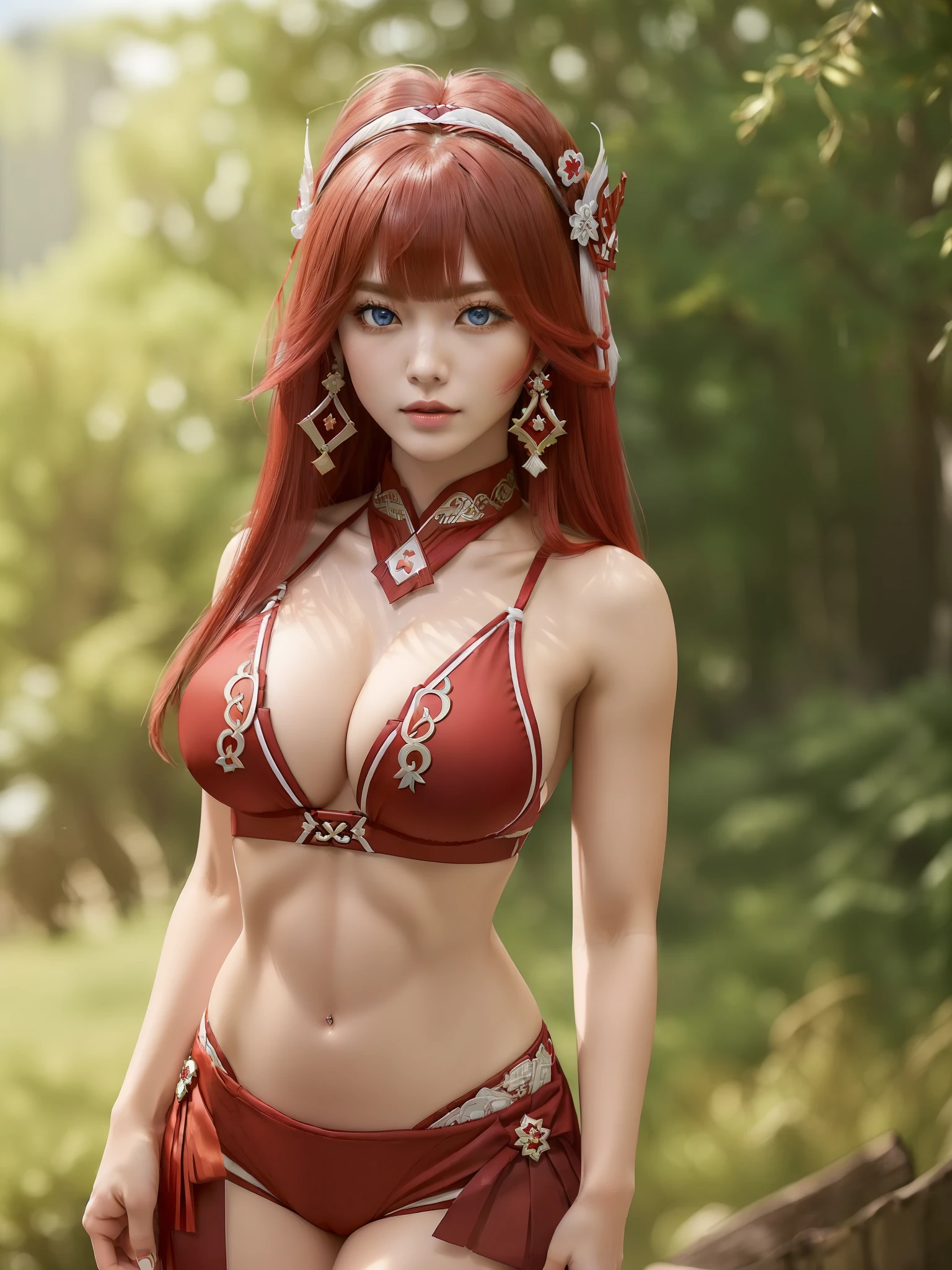 (Yae miko from Genshin Impact:1.5), (Yae miko red and white clothes from Genshin Impact:1.5), closed mouth, sash, serious, solo, (masterpiece, best quality, extremely detailed 8k, ultra hd, ultra-detailed, highly detailed, highly realistic, photo realistic:1.2), (1girl:1.5), (beautiful realistic face, detailed realistic face:1.2), (high detailed realistic natural red hair, beautiful realistic hairstyle:1.2), (beautiful realistic eyes, high detailed realistic blue eyes, proportional eyes, realistic pupils, high detailed pupils:1.2), (high detailed realistic natural eyebrows), (high detailed realistic lips, beautiful realistic lips, pink lipsticks:1.2), (thick breasts, high proportional realistic breasts, realistic big breasts:1.4), (upper body from head to thighs, slender body:1.5), (clarity:1.1), highly detailed realistic skin, sharp focus, (upper body from head to thighs, slender abs:1.5), (no bra:1.4), lingerie, thick thighs, outdoor,